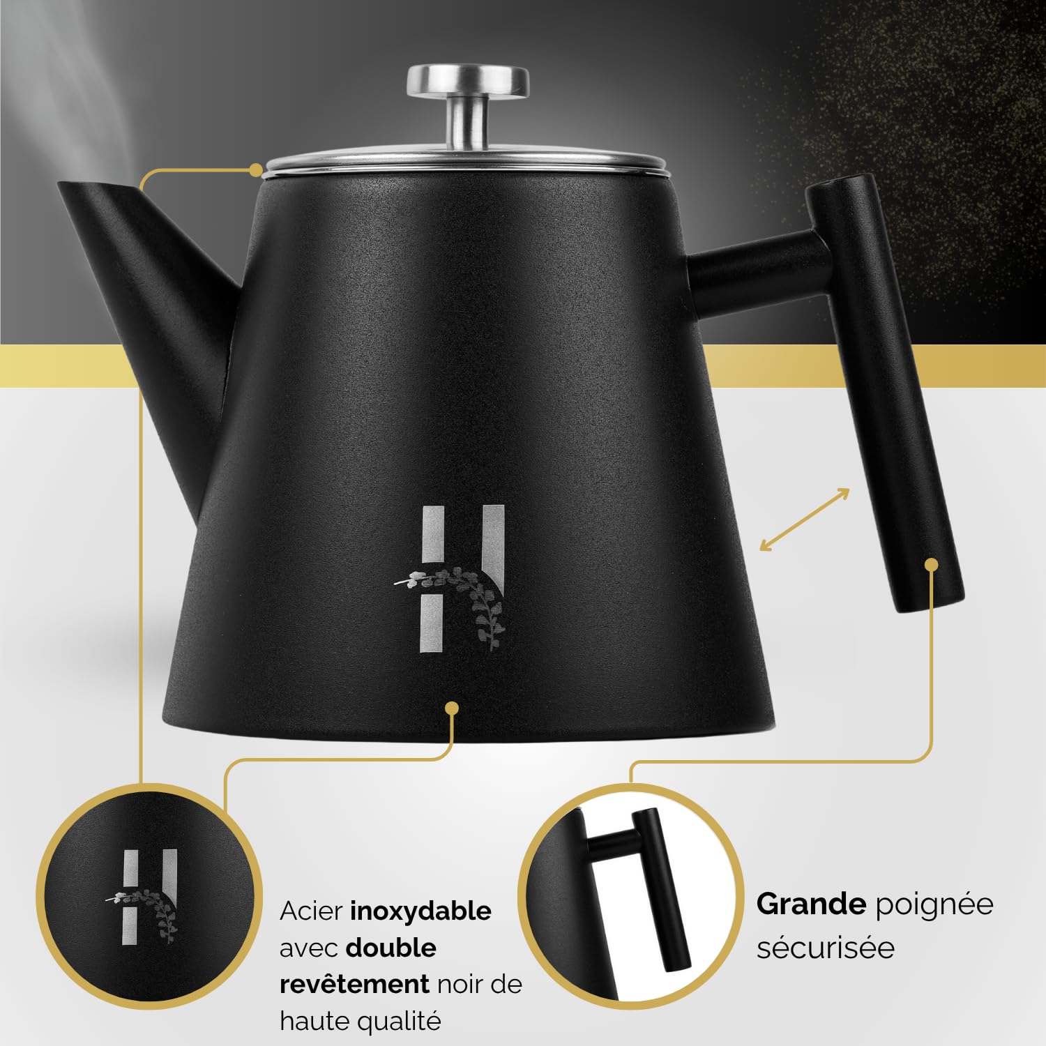 Théière isotherme Hanamura avec infuseur - en acier inoxydable à double paroi 1L - noire moderne pour thé et tisane