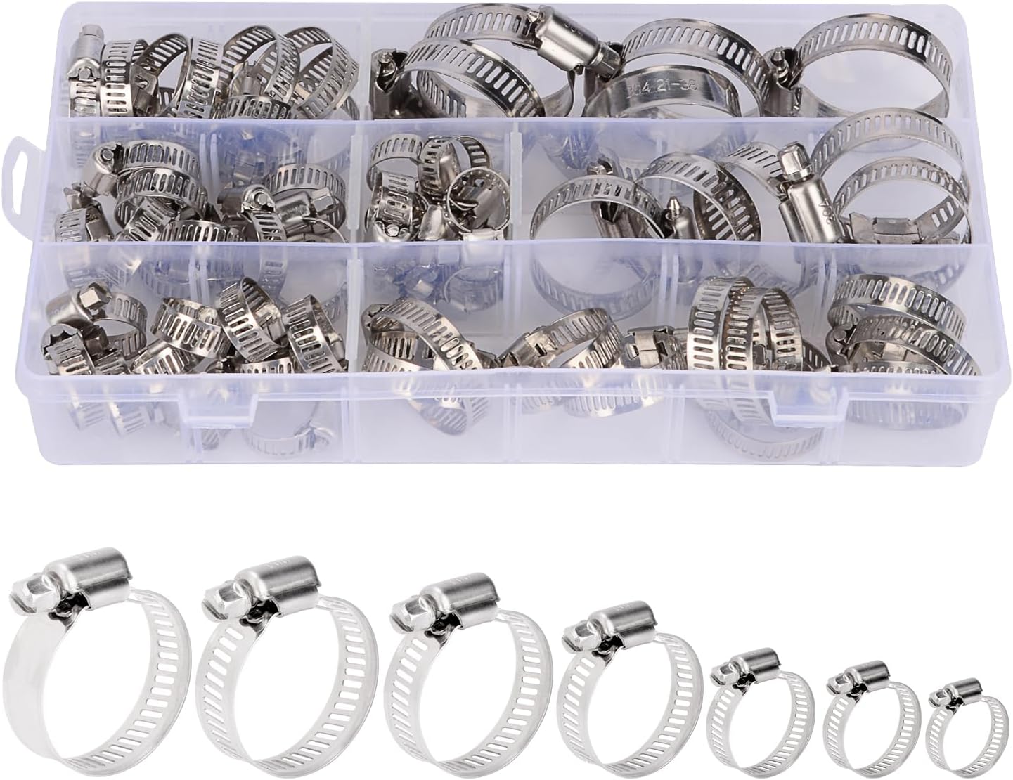 stonylab Hose Clamp Set, 60 pcs Adjustable 304 Stainless Steel 6-38 mm Worm-Drive Gear Type Hose Clamp Assortment Set with Storage Box