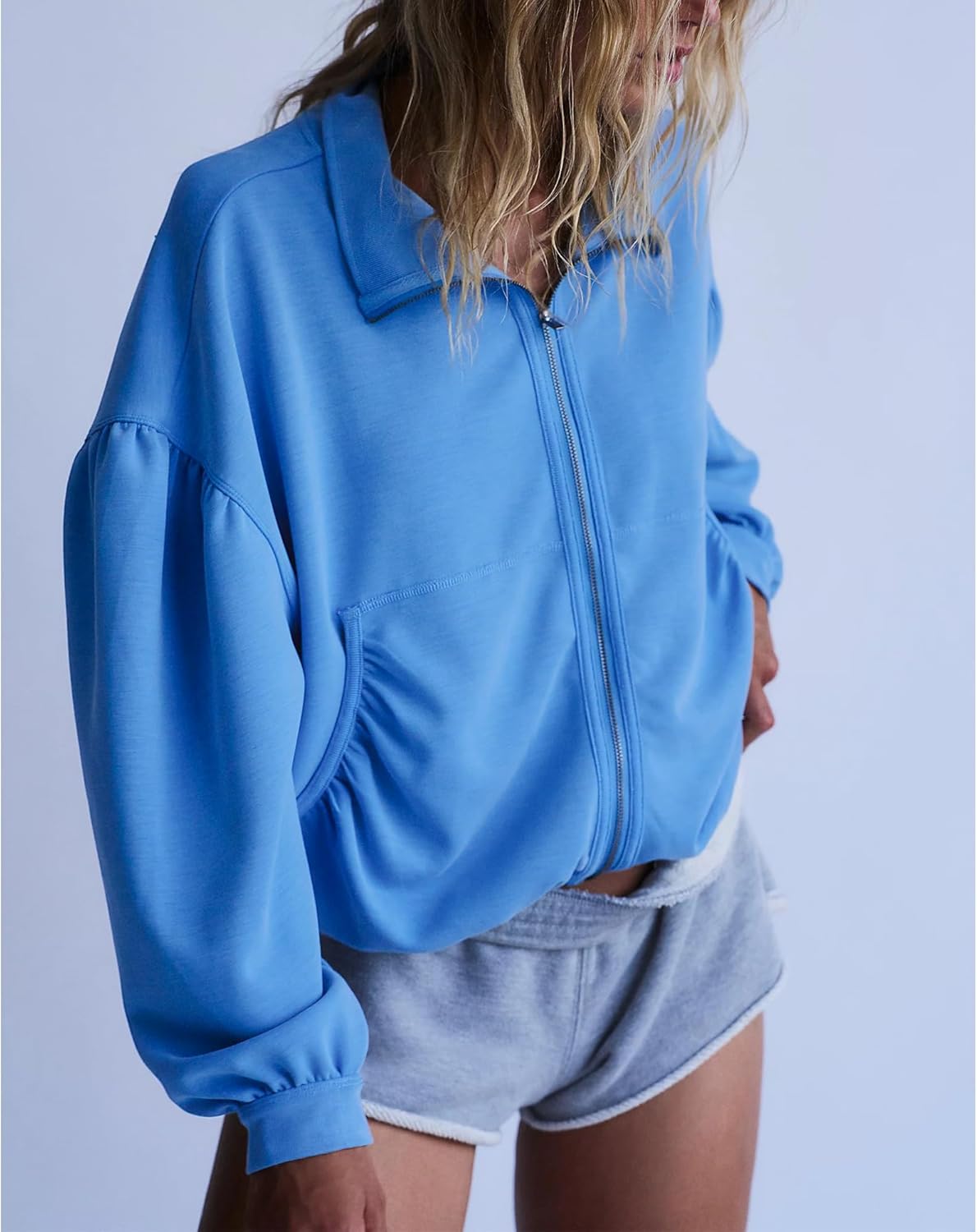 Hixiaohe Womens Zip Up Sweatshirts Fashion Foldover Collar Puffed Sleeve Cropped Pullover Tops Casual Jacket with Pockets