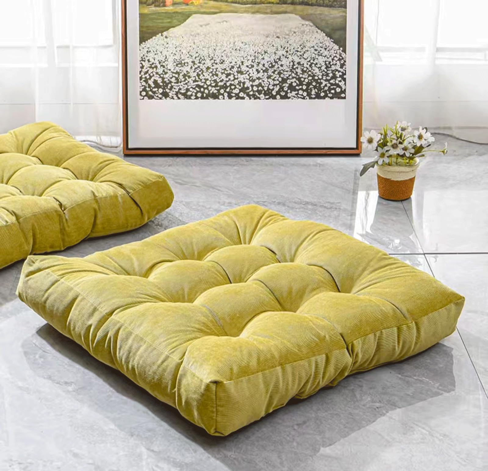 Oreiller de sol de méditation jaune en velours côtelé de 20x20 pouces pour adulte en lot de 2