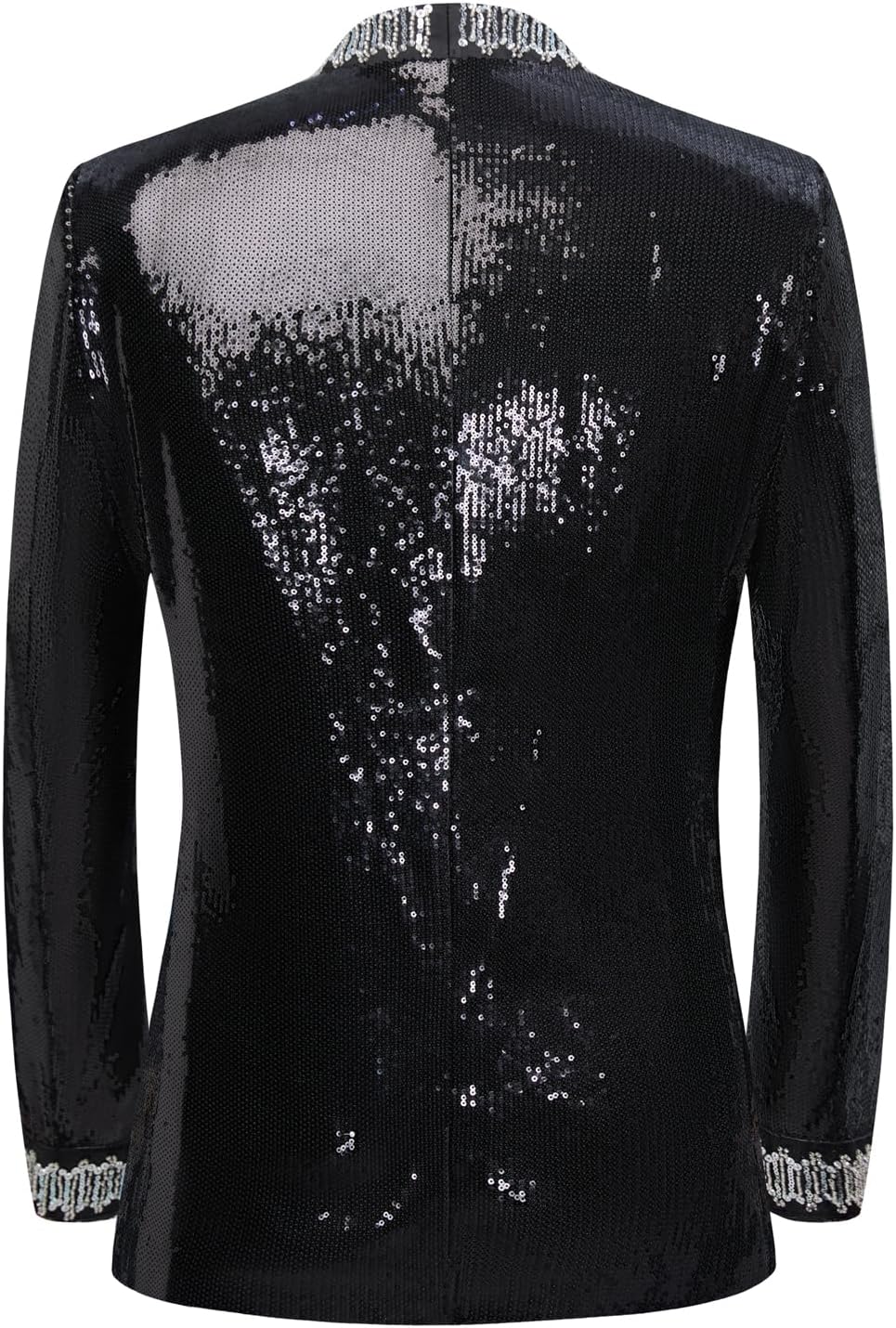 Men's Sequined Blazer, Black with Silver Trim, Performance Stage Jacket for Wedding Banquet