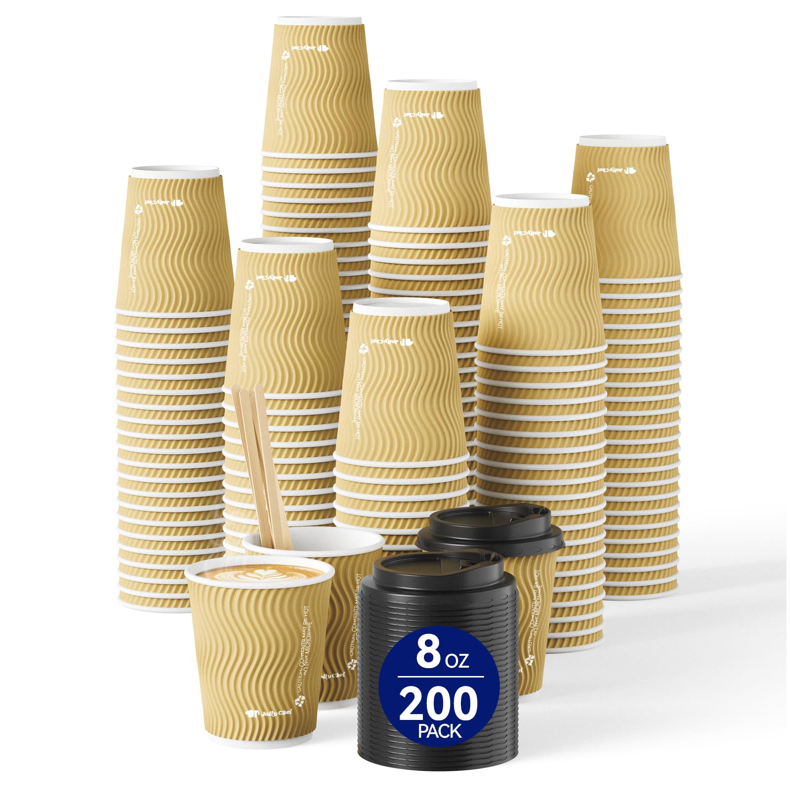 JOLLY CHEF 8oz Ripple Paper Coffee Cups with Lids & Stirrers 200 Pack