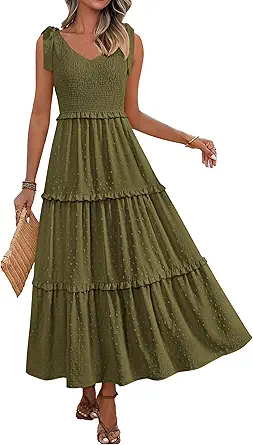 Okiwam Womens Summer Dresses 2025 Sleeveless Tie Strap Maxi Long Flowy Beach Sundresses Boho Swiss Dot Fall Wedding Dresses