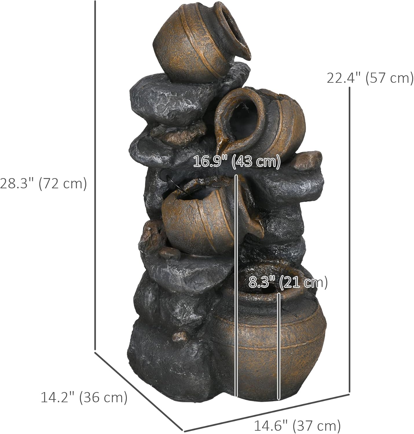 Outsunny 28.3" Tall Solar Powered Outdoor Water Fountain, 4-Tier Floor Standing Resin Cascading Jars and Stacked Stones Waterfall Fountain with LED Lights and Pump for Garden, Patio, Backyard