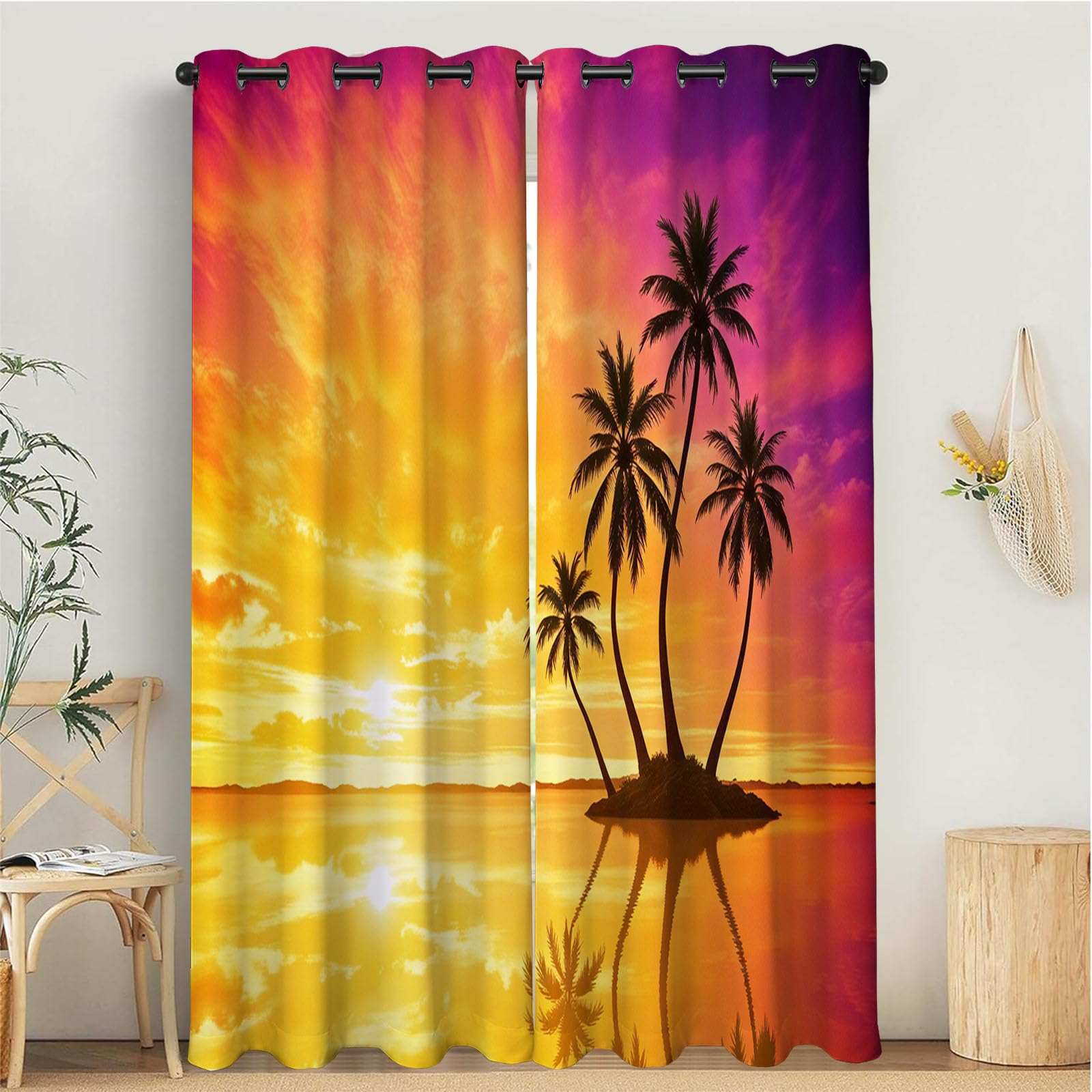 Rideaux Motif Tropical Coucher De Soleil Orange pour Salon | Rideaux Occultants à Oeillets