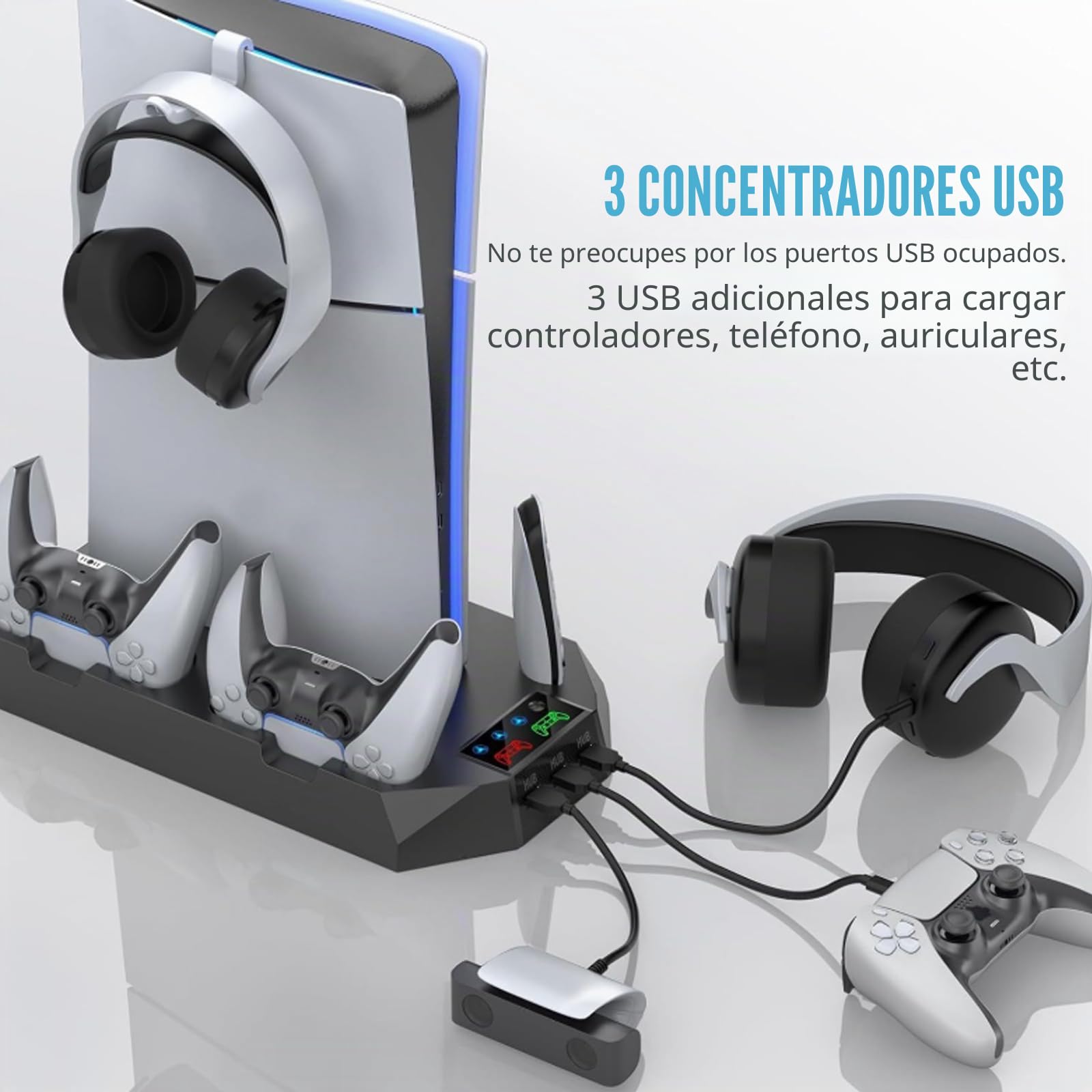 Soporte para PS5/PS5 Slim/PS5 Pro con ventilador de 3 niveles y 3 puertos USB adicionales, soporte PS5, estación de carga integrada para controlador PS5 con indicador LED y soporte para auriculares