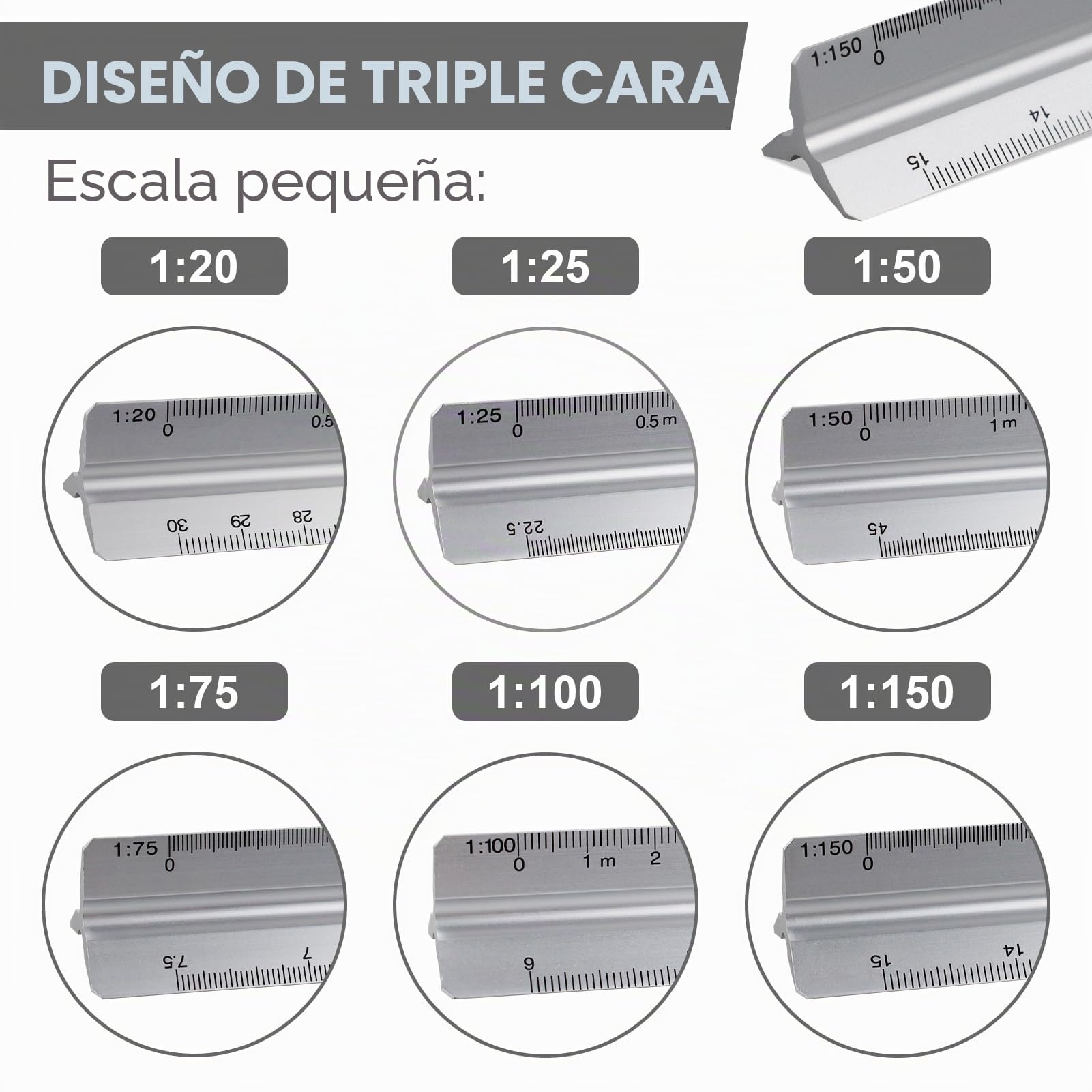 Escalimetro 30 cm, Regla de Escala Triangular (1 tamaño + plata)