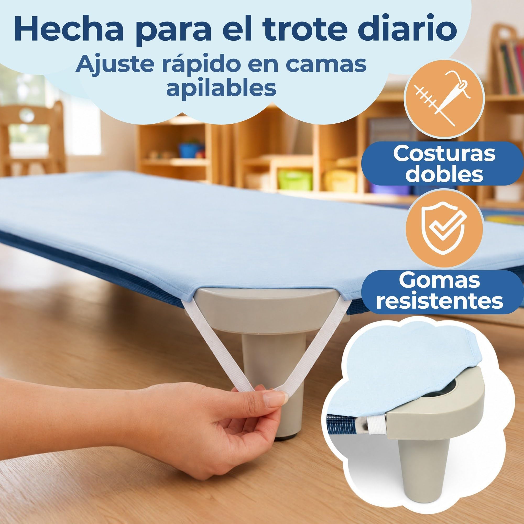 Bisoo Sábana Ajustable para Hamaca Guardería 53x132 Algodón - Set 6 Azul | 4 gomas firmes: se pone en segundos y no se suelta. A prueba de lavados. Algodón Oeko-Tex. Guardería, escuela infantil y casa
