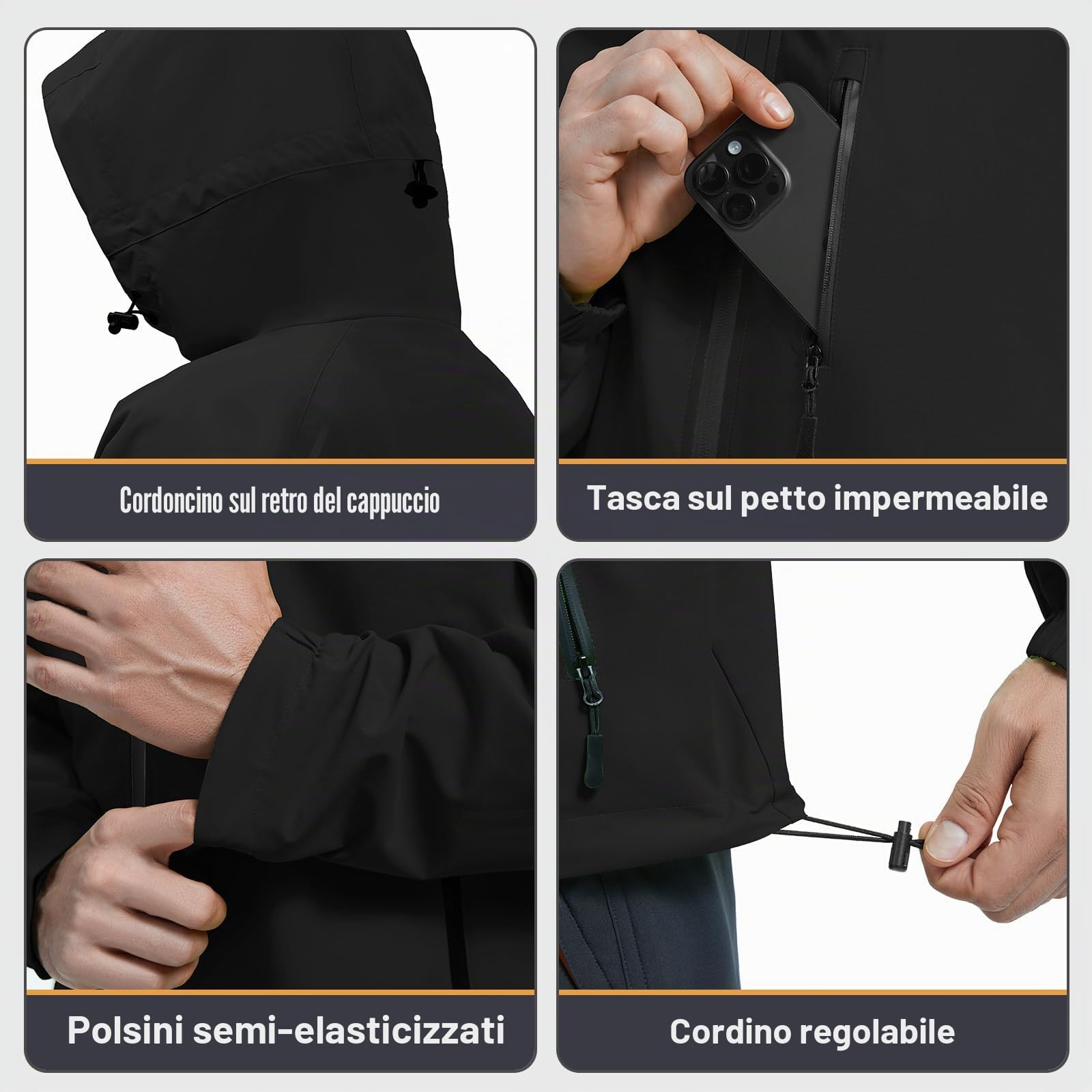 Giaccone Sportivo Uomo Impermeabile Leggero e Antivento Felpa con Cappuccio per Outdoor