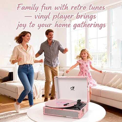 Miniatura 11 de Tocadiscos de vinilo Bluetooth con altavoces integrados, tocadiscos portátil vintage con diseño floral, fonógrafo de vinilo de 3 velocidades con