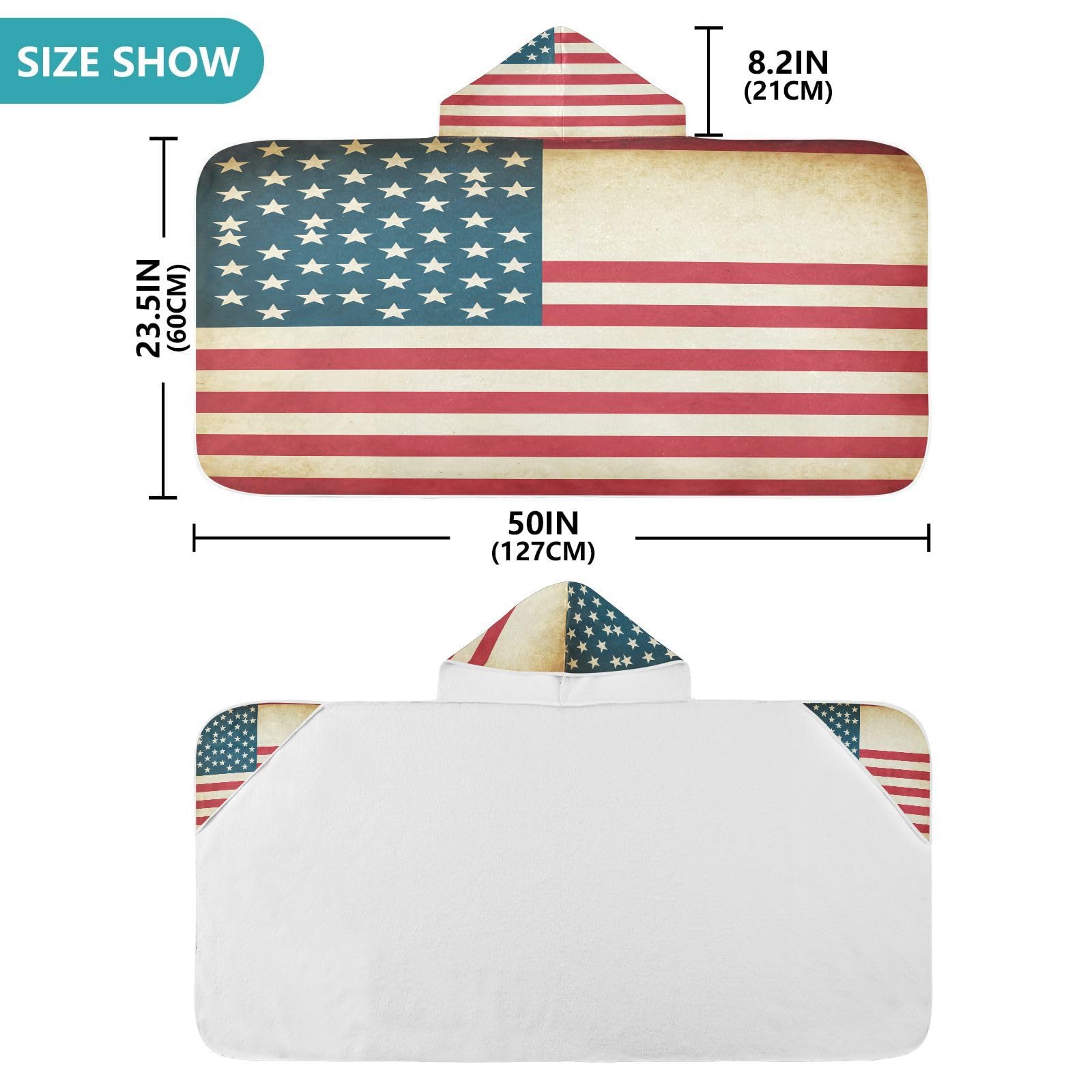 Kigai Vintage American Flag Kids Hooded Towel, 24x50 in Bath/Pool/Beach Soft Absorbent Hooded Towel Wrap for Toddler Kids