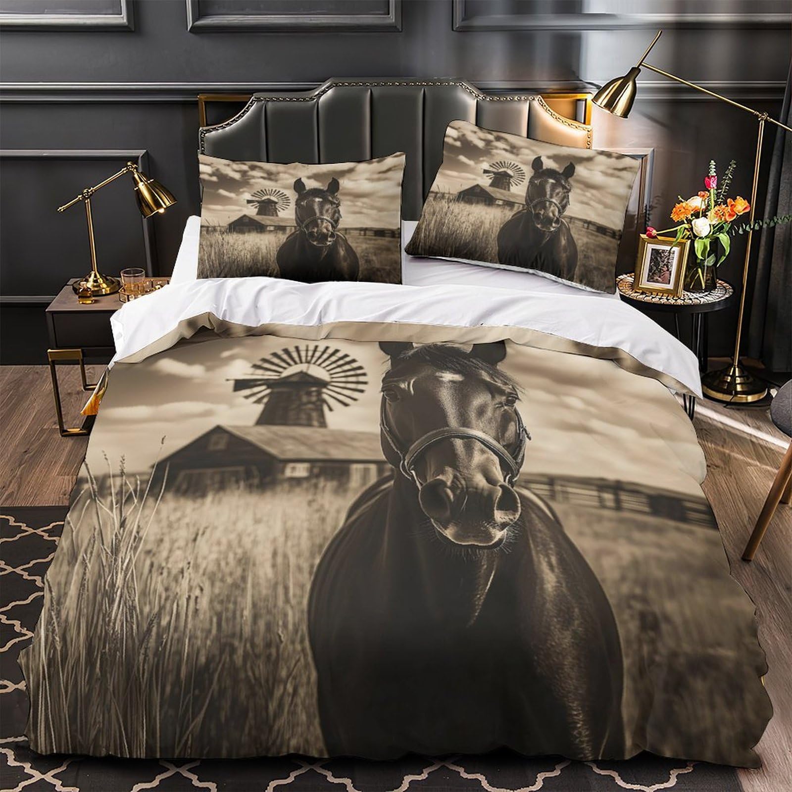 Housse de Couette tête de bélier 3D 220x240cm en microfibre baroque pour lit double King