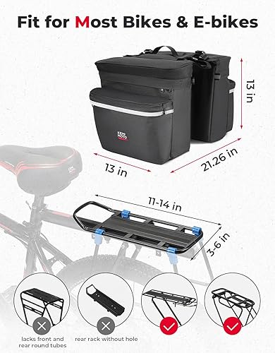 Miniatura 5 de KEMIMOTO Alforjas para bicicleta con cubierta para lluvia, bolsa impermeable de 34 L para sillín de bicicleta para estante trasero, almacenamiento