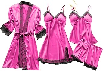 Womens Silk Satin Pajamas Set 4pcs Sexy Lingerie Lace Trim Cami Shorts Sleepwear with Robes
