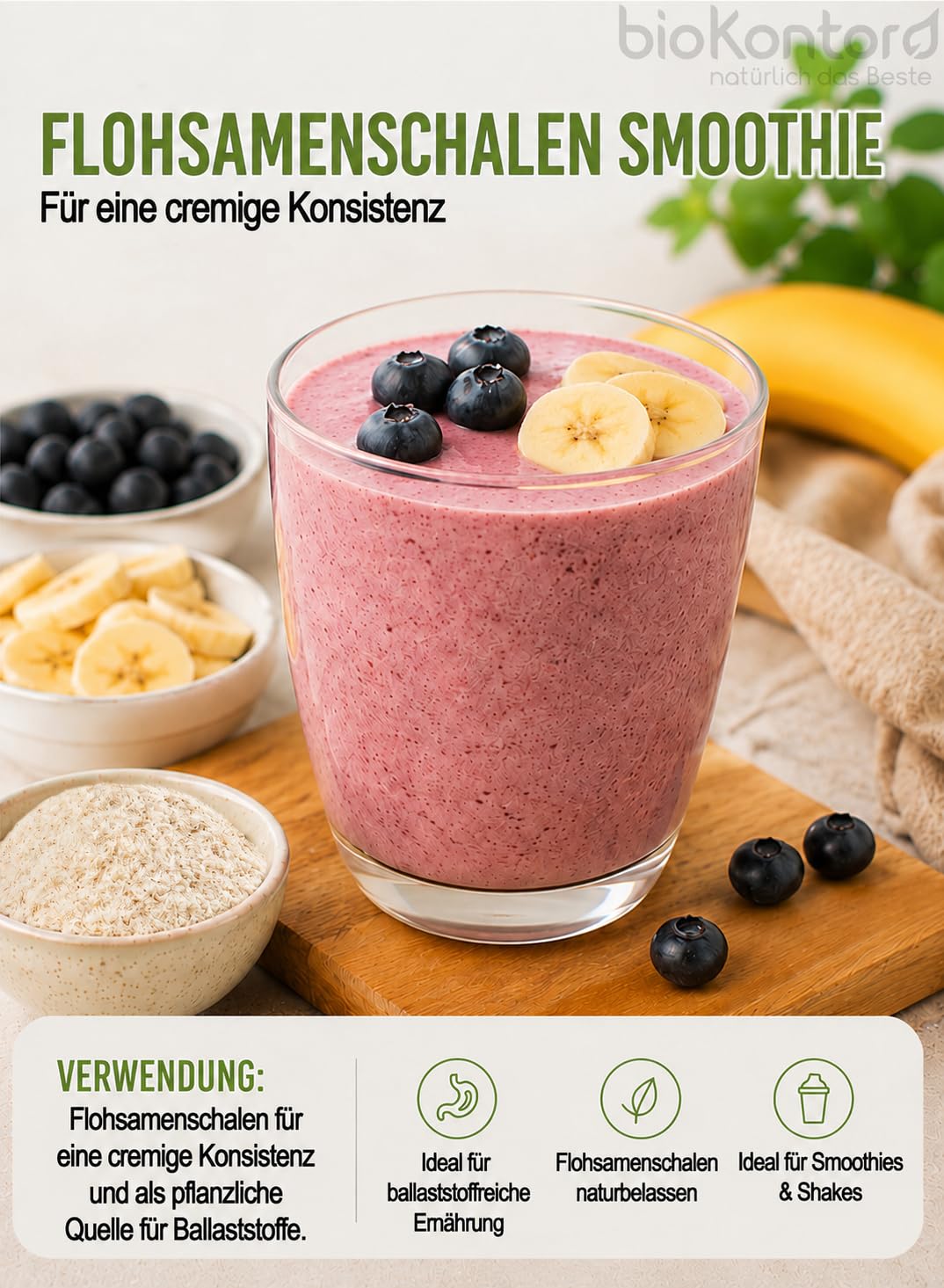 bioKontor – Bio Flohsamenschalen ganz 1000g 1kg – Psyllium Husk 99% Reinheit – indische Flohsamen Schalen – Low Carb Backen Getränke – Rohkostqualität – reich an Balaststoffen – deutsche Handabfüllung