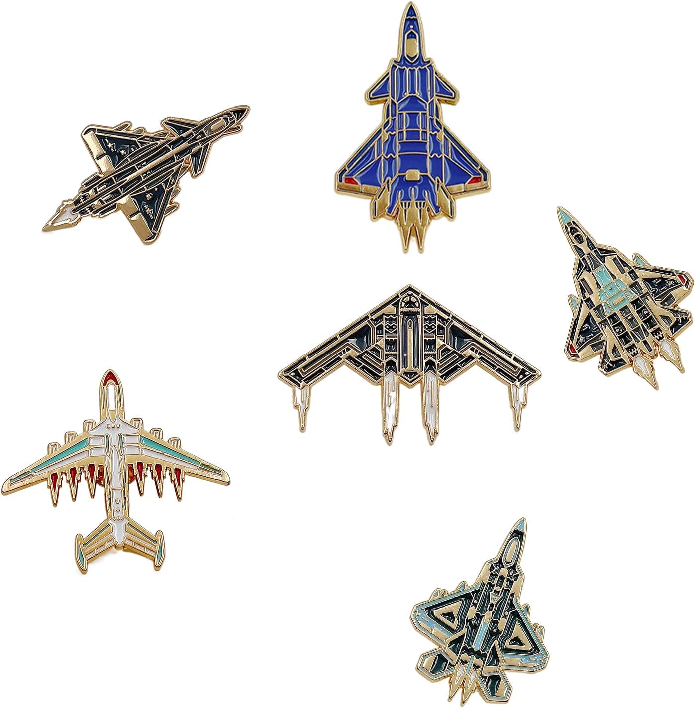 6pcs Airplane Pin Military Aircraft Brooch Badge (J-20, Fighter, Space Shuttle) Alloy Model Pin Pilot Collector Aviation Fan Gift Keepsake