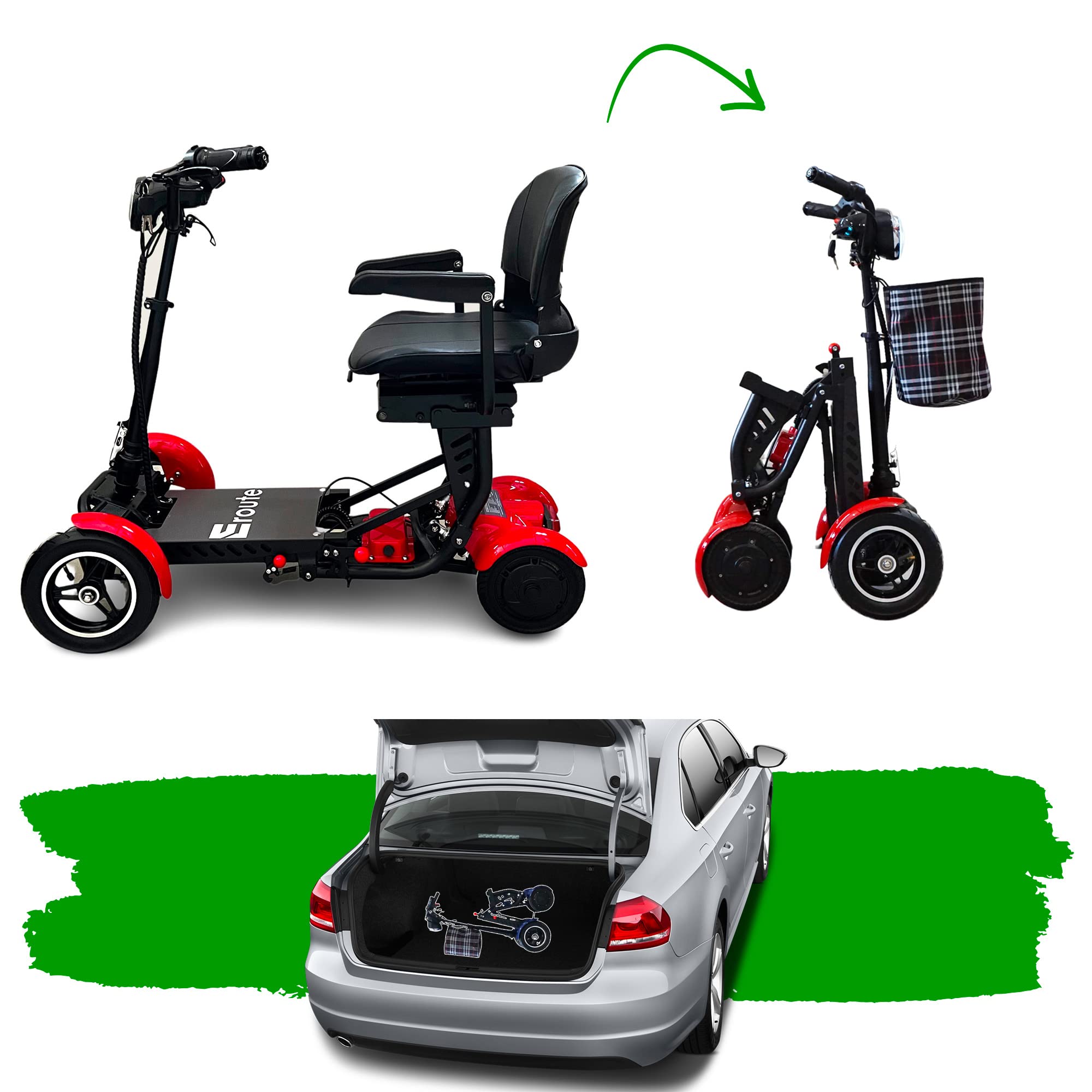 Fold 2 Pro Li-ion – Plegable Scooter de movilidad de 4 ruedas – Batería de iones de litio para inválidos y mayores - Batería de larga duración – Incluye cargador, cesta e indicadores (Rojo)