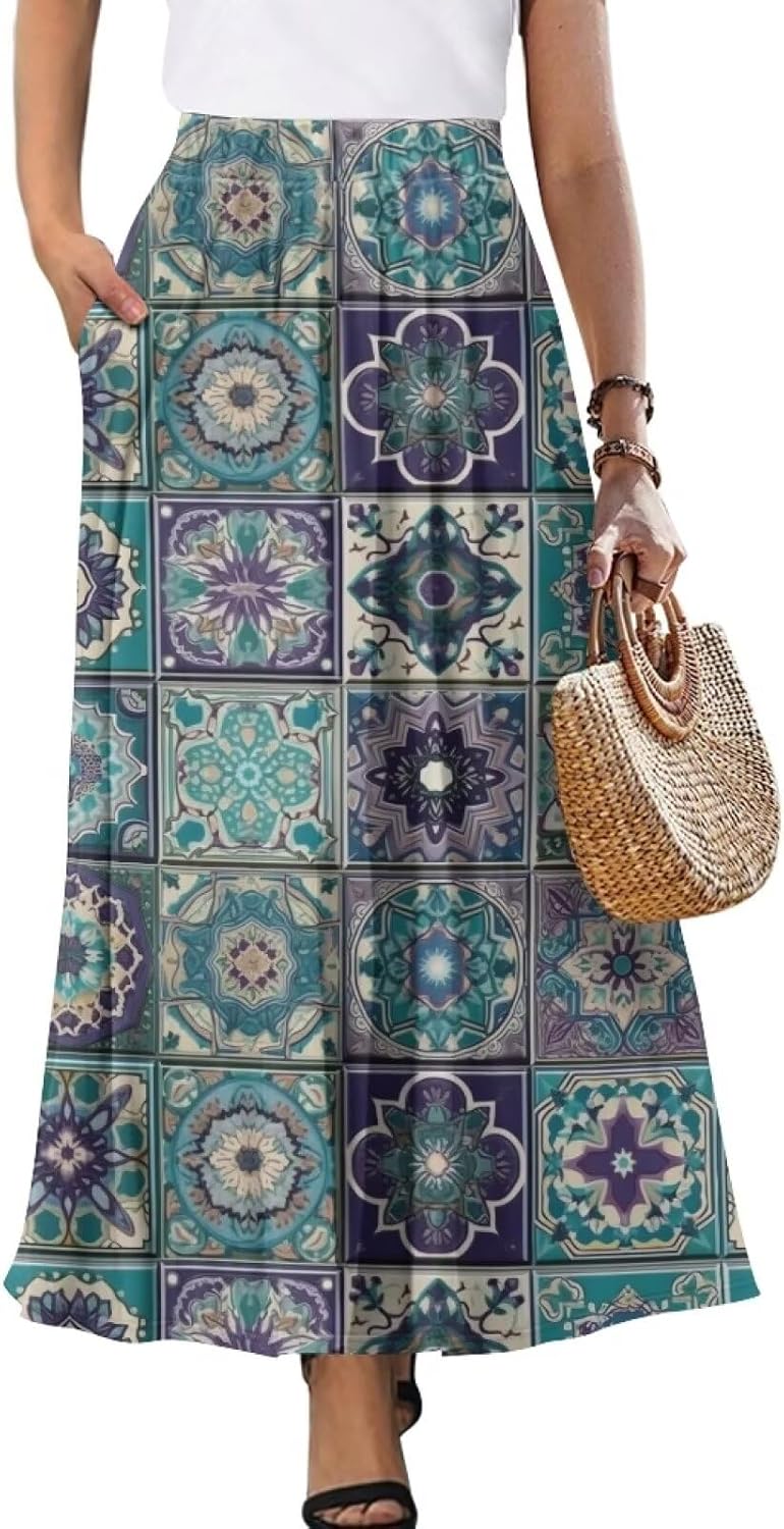 Irisjudy Women's Flowy Maxi Skirt Boho Totem Elastic Waist Long Skirts Magic Mushroom Swing Maxi Long Skirt Dress with Pocket
