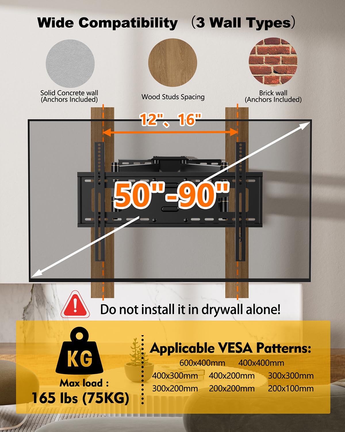 FORGING MOUNT Supporto da parete per TV a lunga portata 109cm, doppio braccio articolato Full Motion Tilt e girevole per TV da 42 a 95 pollici, carico massimo 75 kg,VESA 600x400mm