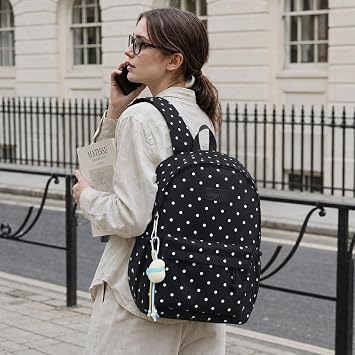 Womens Casual Nylon Polka Dot Backpack, Fashion Large Everyday Daypack, Coquette Bookpack for Campus Weekend Commute