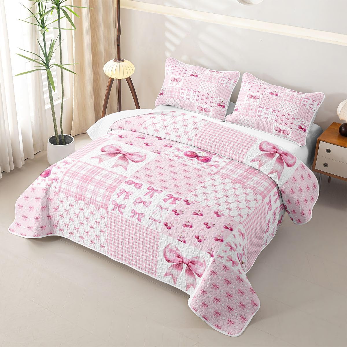 Feelyou Pink Bow Theme Quilt Twin Size for Kids