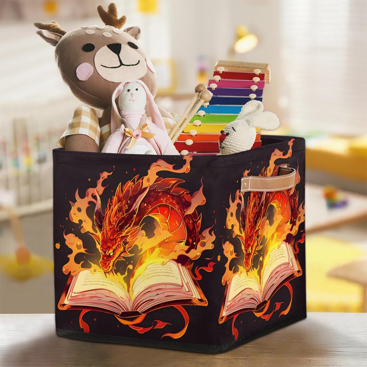 13 Inch Fabric Storage Cube with Handles, Magic Dragon Print Collapsible Square Storage Basket, Fiery Magic Book Storage Bin Canvas Closet Organizer for Toys Books Clothes