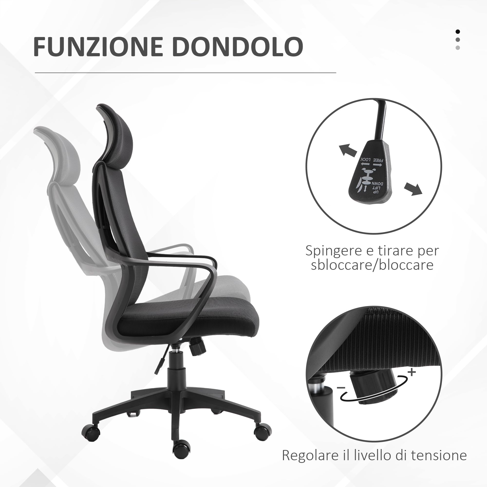 Vinsetto Sedia da Ufficio Ergonomica con Poggiatesta Regolabile Nero | Braccioli, Sedia Scrivania Girevole, Supporto Lombare, Altezza Regolabile, Funzione Dondolo, Tessuto, per Studio