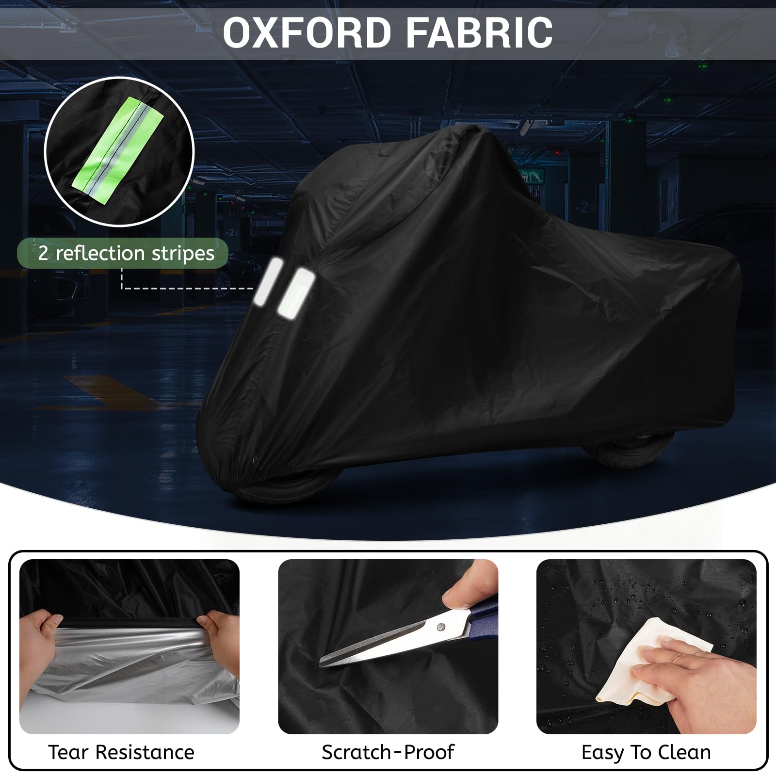 Housse Moto étanche XXL 245x105x125 Cm - Tissu Oxford Résistant - Protection Pluie, UV, Poussière - Avec Bandes Réfléchissantes Et Sac De Rangement