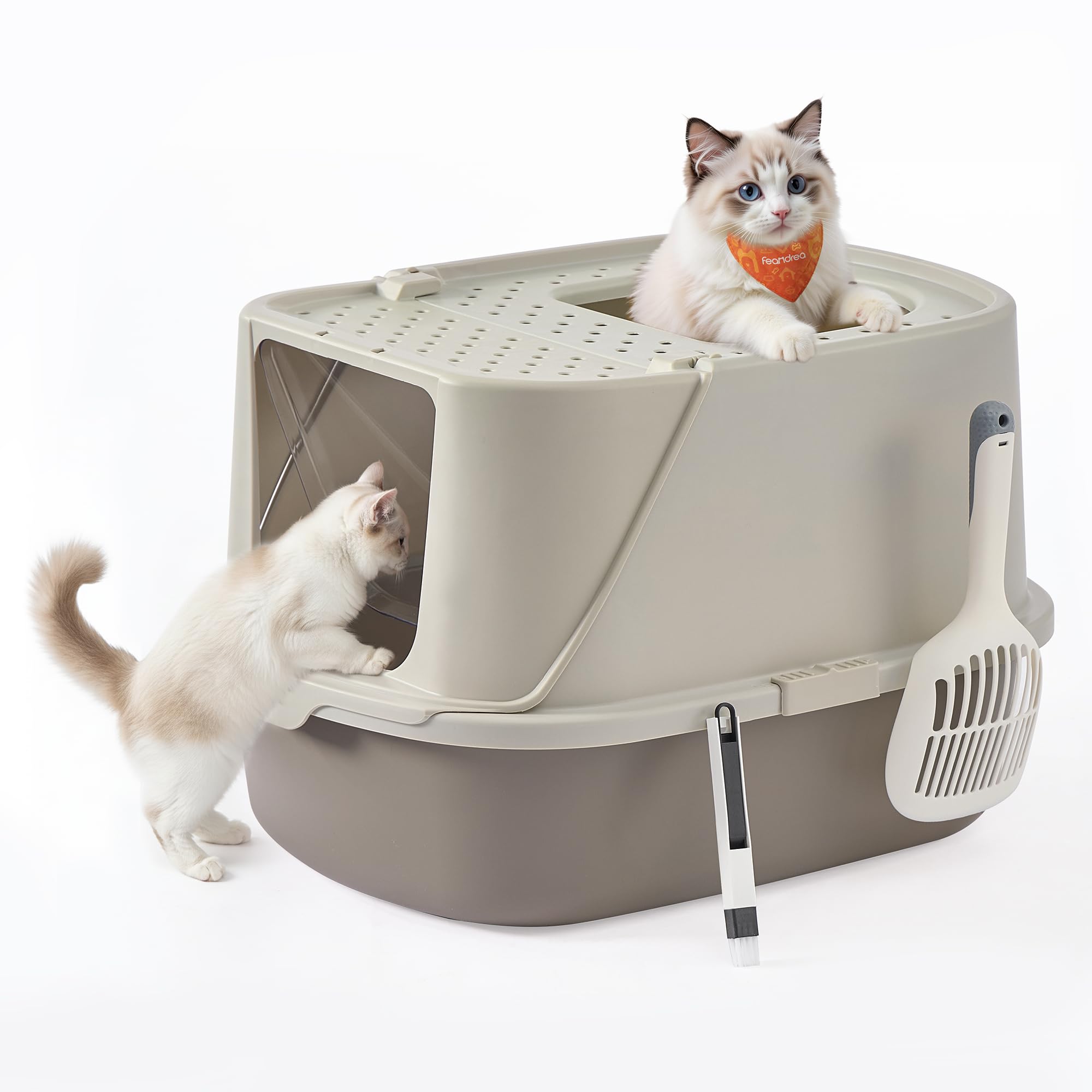 Feandrea Arenero para Gatos XXL, Caja de Arena con Tapa, Paleta y Cepillo, para Gatos de hasta 15 kg, Color Avena y Gris Cálido PPT011LH01