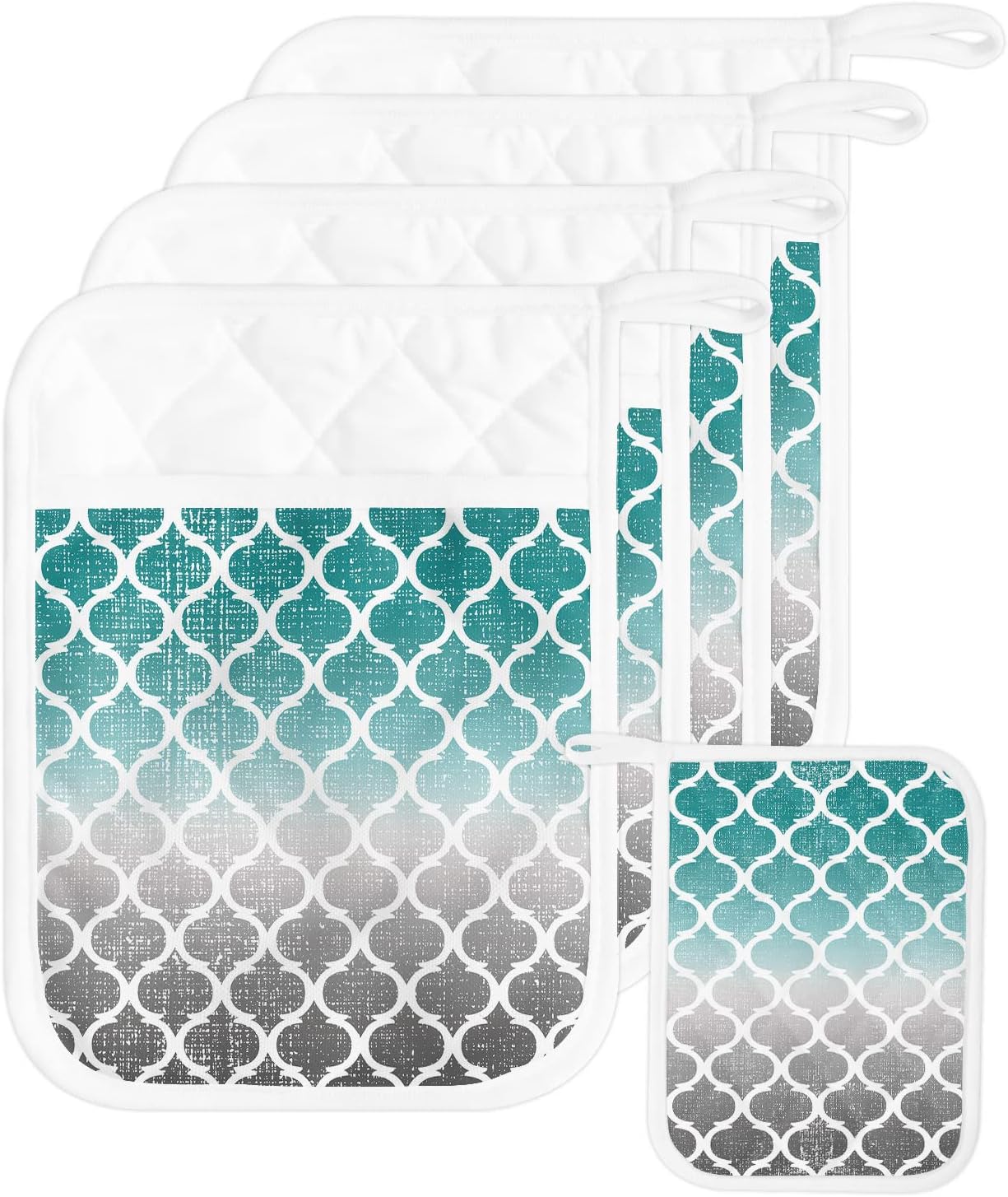 Pot Holders with Pockets, Heat-Resistant Hot Pads for Kitchen, Retro Moroccan Pattern Cyan and Gray Gradient Oven Mitts Pot Holders Sets Potholders for Baking Cooking Pack of 5