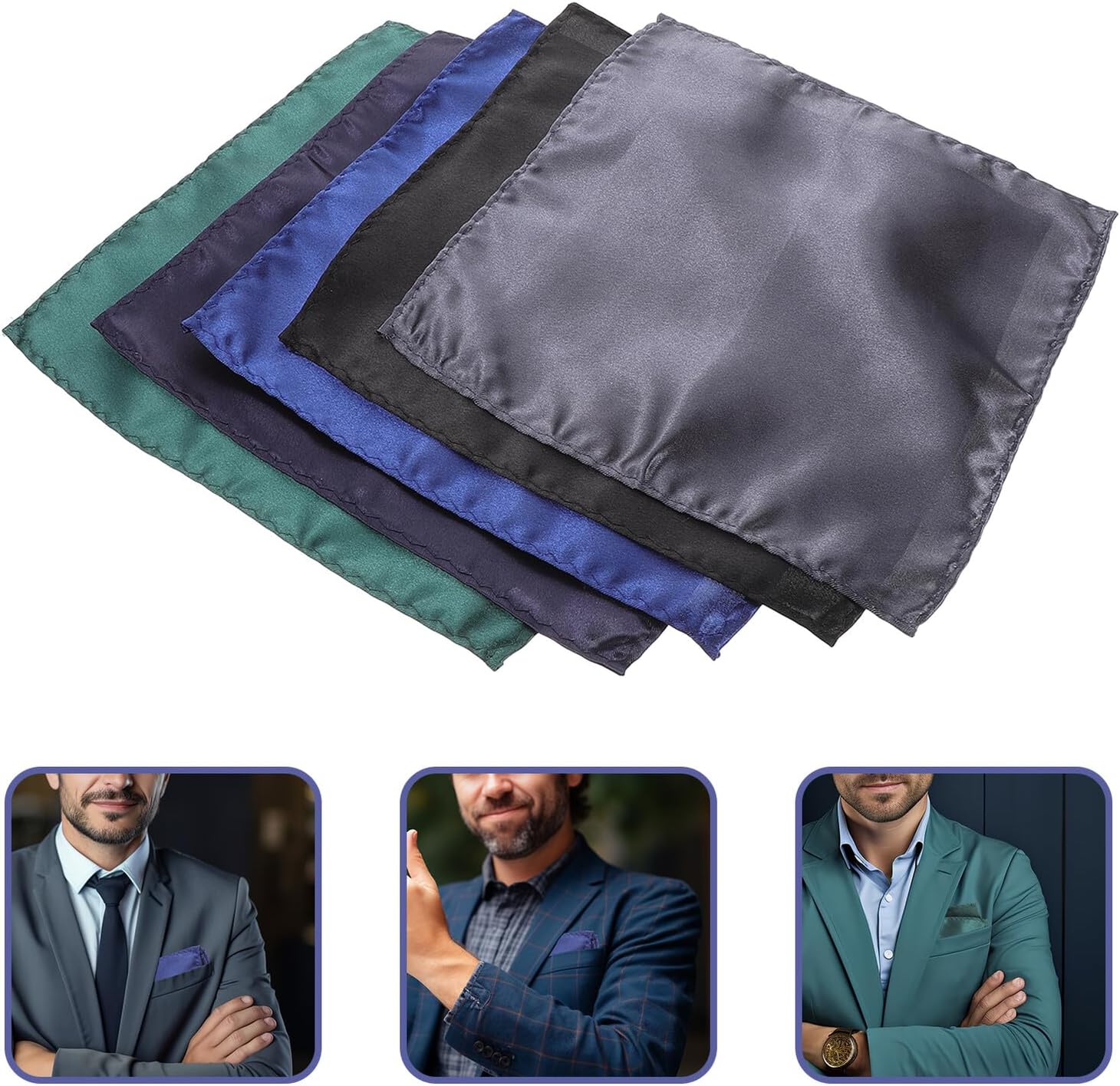 5pcs Men’s Cotton Pocket Squares Set for Suit Jackets, Solid Color Handkerchiefs in Black, Navy, Grey Green, Machine Washable Formal Accessories for Weddings and Special Occasions