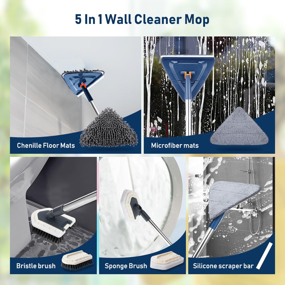 Mopa Triangular de Mango Largo 85“,Trapeador Limpieza Triangular Giratorio 360 Grados ,Microfibra para Limpieza de Pared para Paredes Pintadas, Ventanas, Suelos y Sustratos