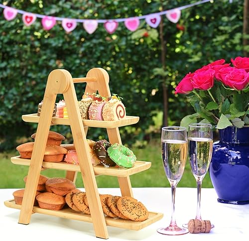 Miniatura 9 de Bandeja de bambú de 3 niveles para servir fiestas, soporte de madera para cupcakes, bandeja rectangular para servir, bandeja plegable para servir
