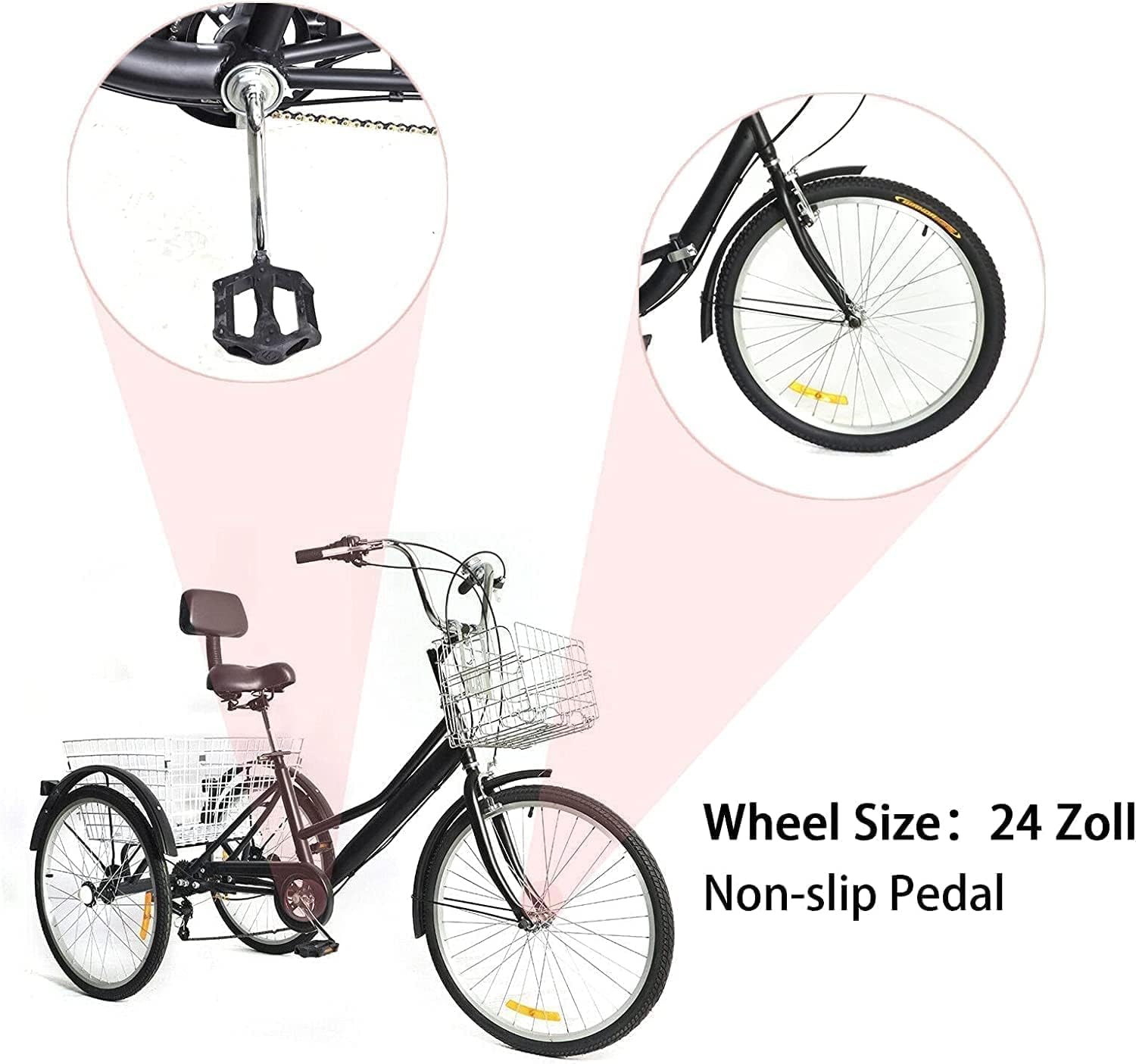 24 Zoll Dreiräder Erwachsene mit 2 Korb - 7 Gang Dreirad für Erwachsene120KG Last Höhenverstellbar 3 Räder Fahrrad Cityräder Cruise Einkaufsrad für Senioren Frauen Ältere(Schwarz)