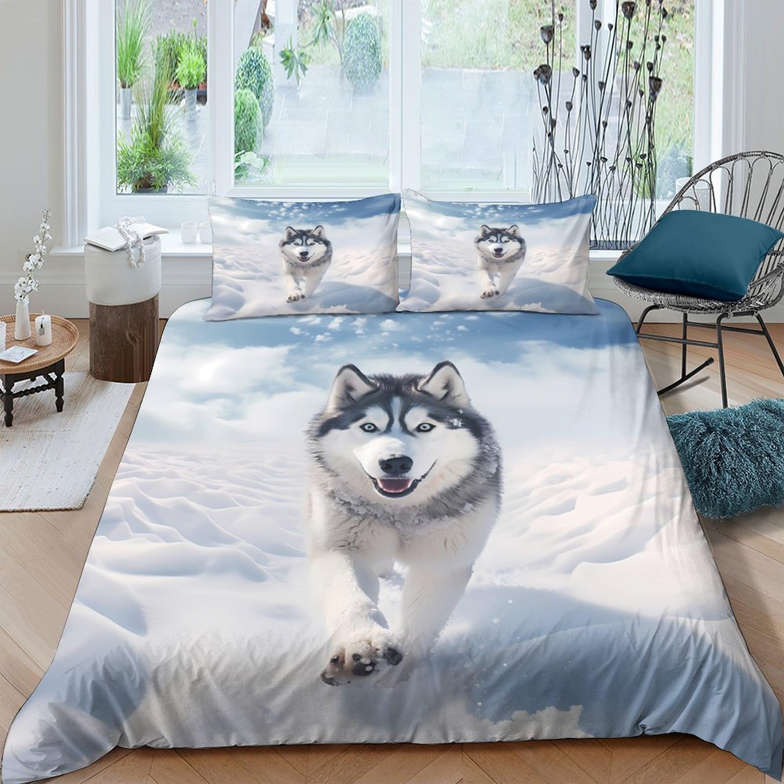 GPLZQXKJNH 3D Printed Husky Wolf Duvet Cover Microfiber Soft Breathable Snow Mountain Bedding Set with 2 Pillowcases for Bedroom Decor Single（135x200cm）
