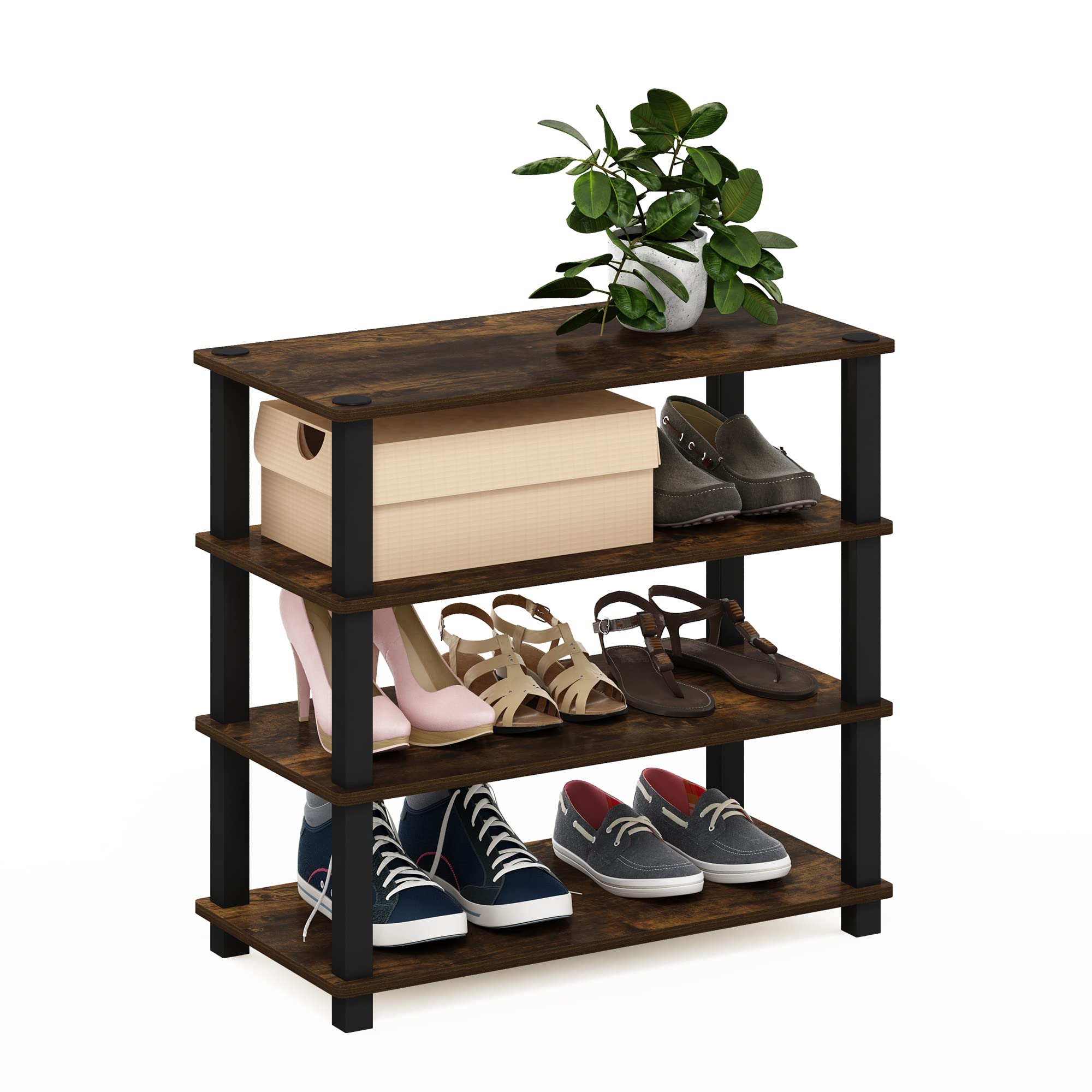 Furinno TURN-S-TUBE Shoe Rack, 4-Tier Shoe Organizer, Shoe Storage, 11.6 x 23.6 x 22.3, for Closet Entryway, Office, Garage, Amber Pine/Black
