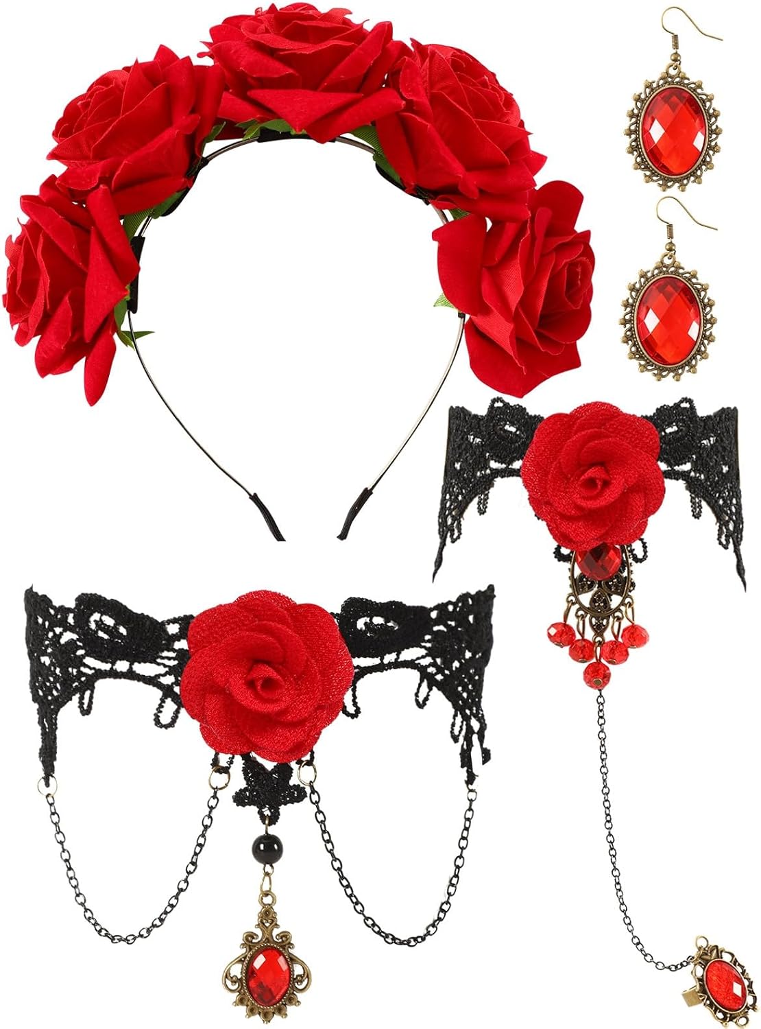 4 Pcs Day of the Dead Costume, Day of the Dead Flower Headpiece Lace Choker Black Lace Hand Harness Gemstone Earrings for Women Cosplay Party