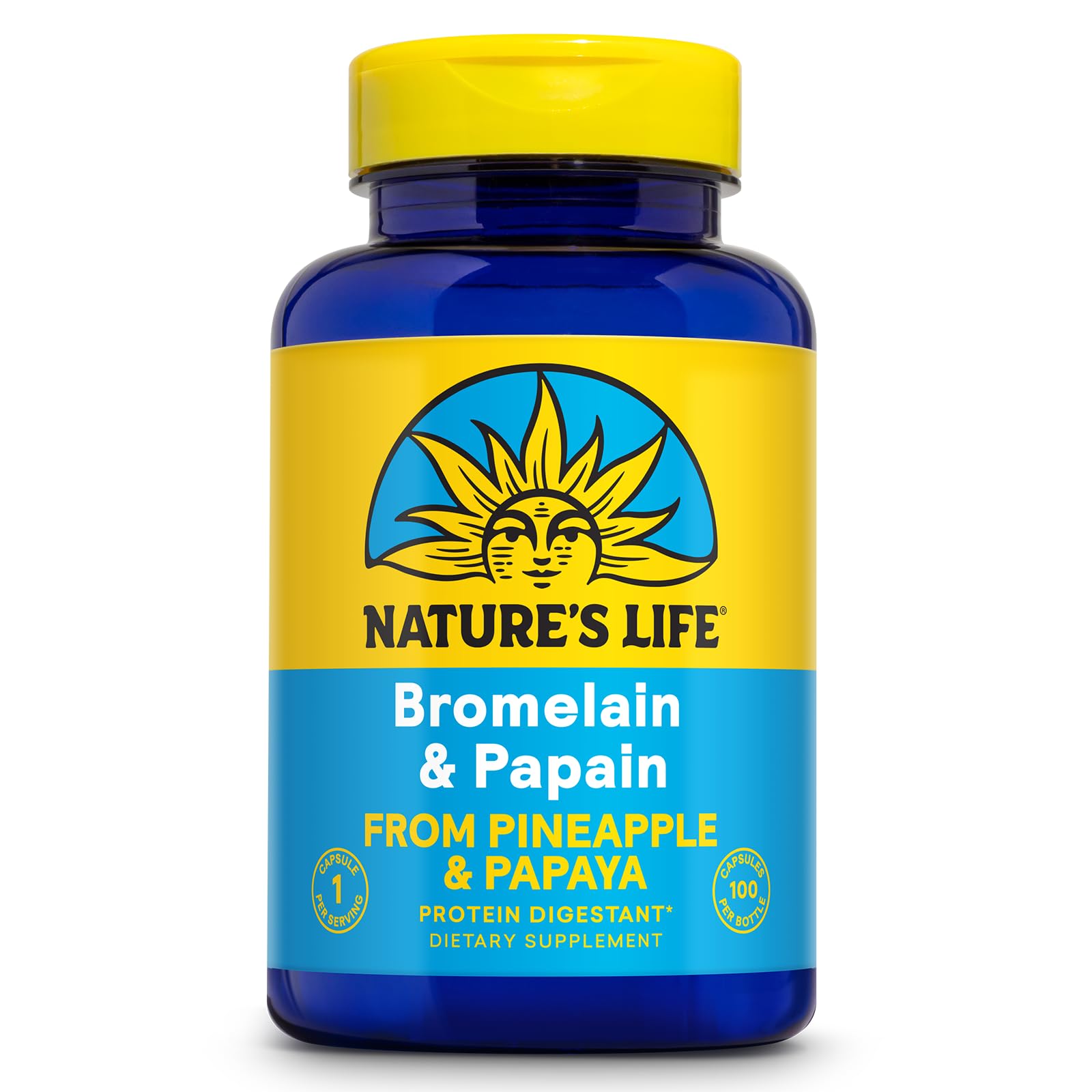 Nature's Life Bromelain & Papain | Proteolytic Enzymes for Digestive Support & Comfort | from Pineapple & Papaya | 250mg Ea | 100 Vegetarian Capsules 1 Count (Pack of 100)