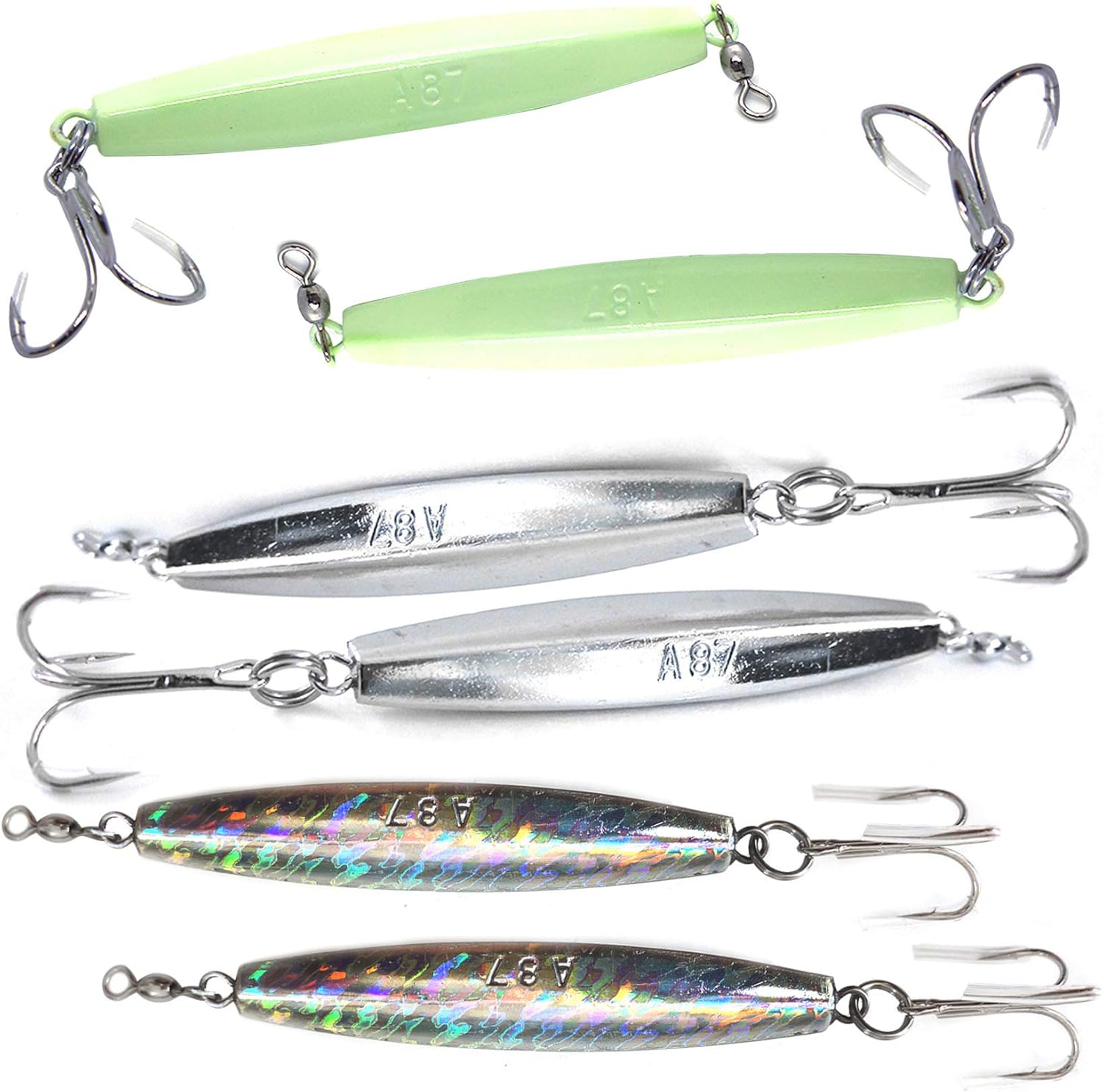 6 Pieces 8oz Glow Diamond jigs + 8oz Chrome Diamond jigs + 8oz Mylar Holographic Laser jigs with Treble Hooks