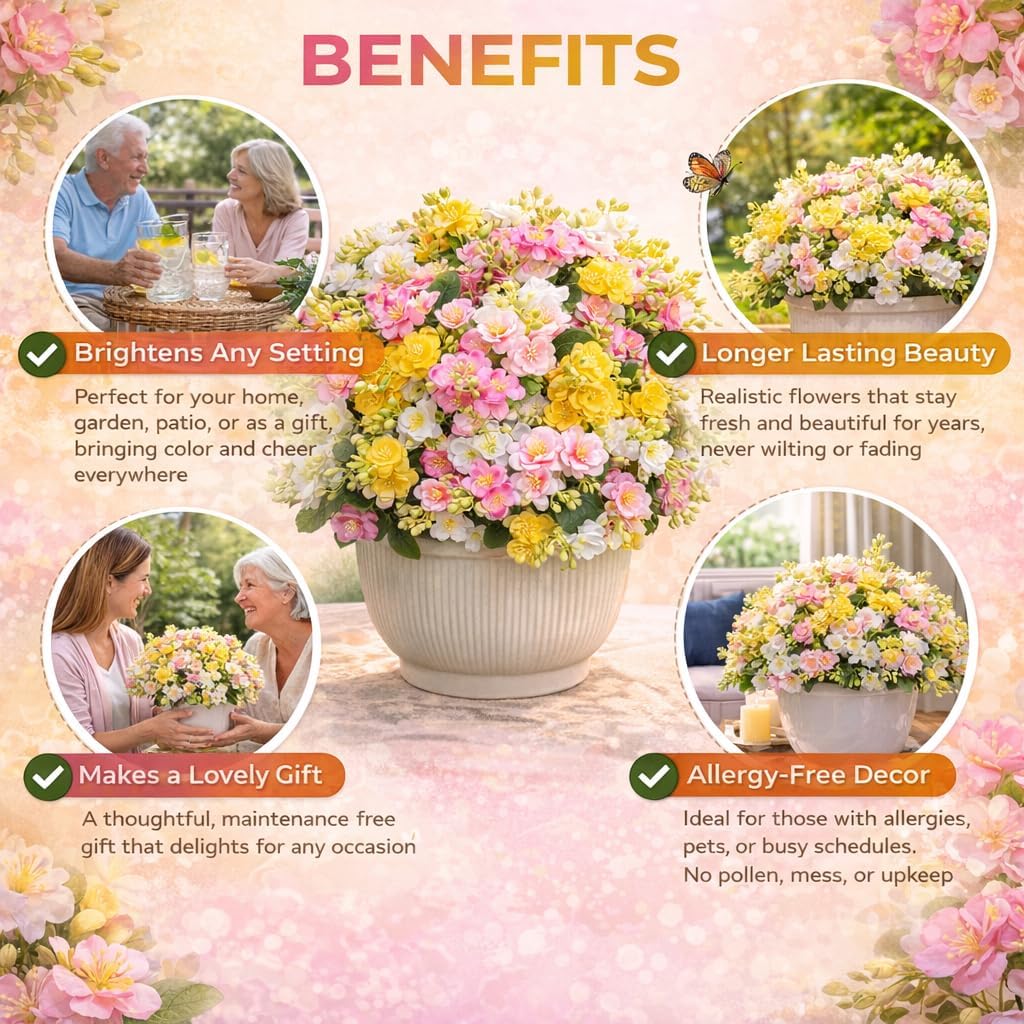 alyptus Artificial Flowers for Outdoors, 12 Batches UV Resistant Spring Fake Flowers for Porch, Patio & Home Decor – Realistic Outdoor Faux Plants with 4 Colors - Multicolor