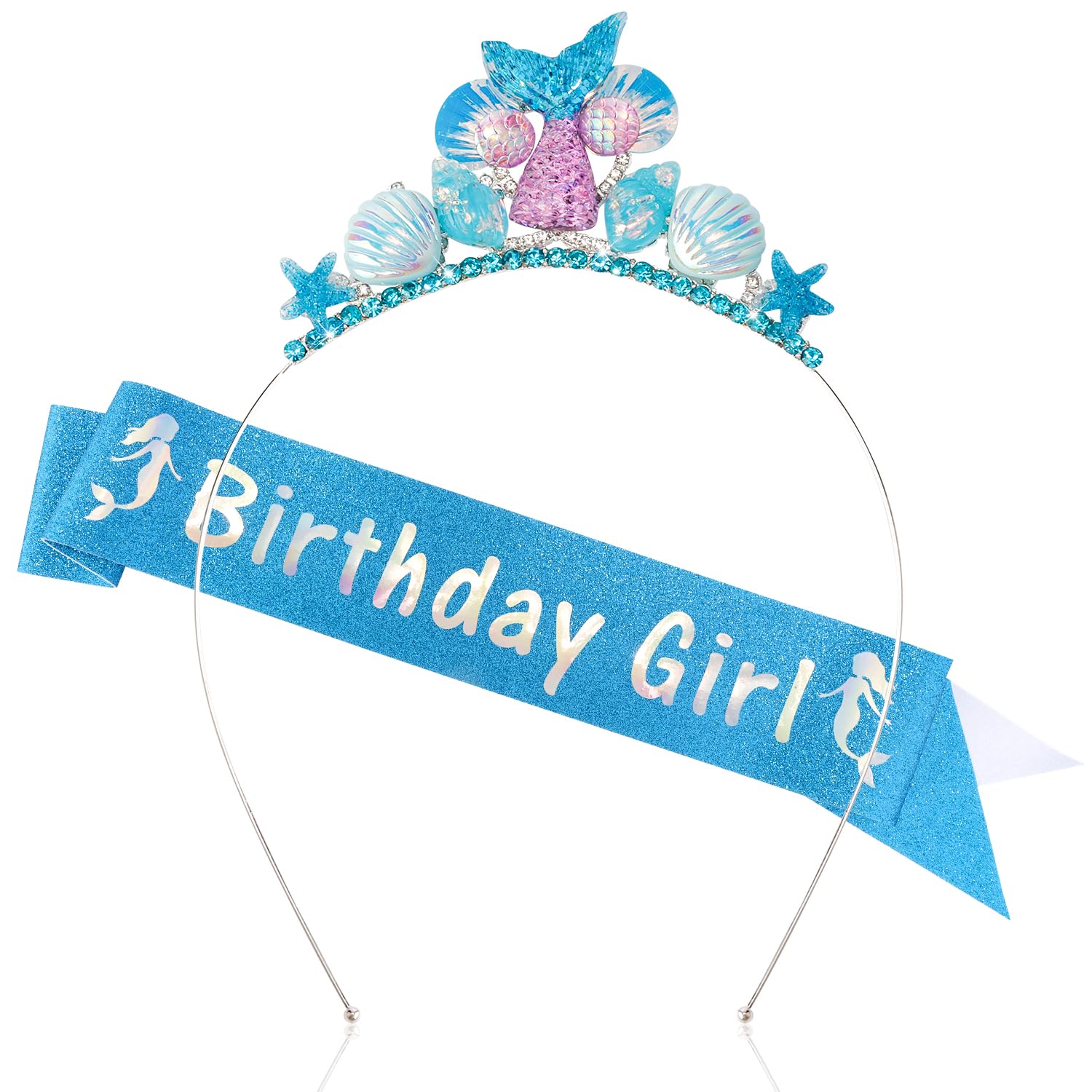 Atoden Mermaid Birthday Decorations Birthday Headband and Sash Little Mermaid Birthday Outfit Blue Princess Tiara Crown Starfish Seashell Mermaid Tail Headpiece Birthday Accessories Party Favors
