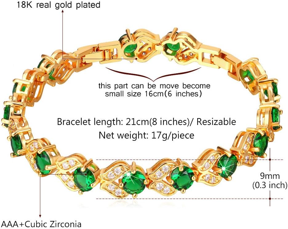 U7 Green Emerald/Blue/Red/Colorful Tennis Bracelets, 18K Gold Plated Platinum Link Chain Diamond Cut Simulated Gem Crystal Bracelet,Resizable Length 6-8 Inches,Wedding Mothers Day Gift for Women - Image 5