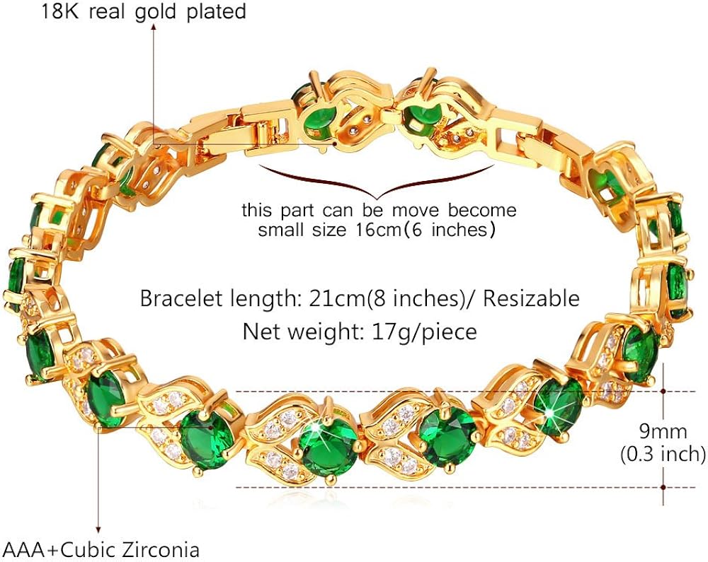 U7 Green Emerald/Blue/Red/Colorful Tennis Bracelets, 18K Gold Plated Platinum Link Chain Diamond Cut Simulated Gem Crystal Bracelet,Resizable Length 6-8 Inches,Wedding Mothers Day Gift for Women
