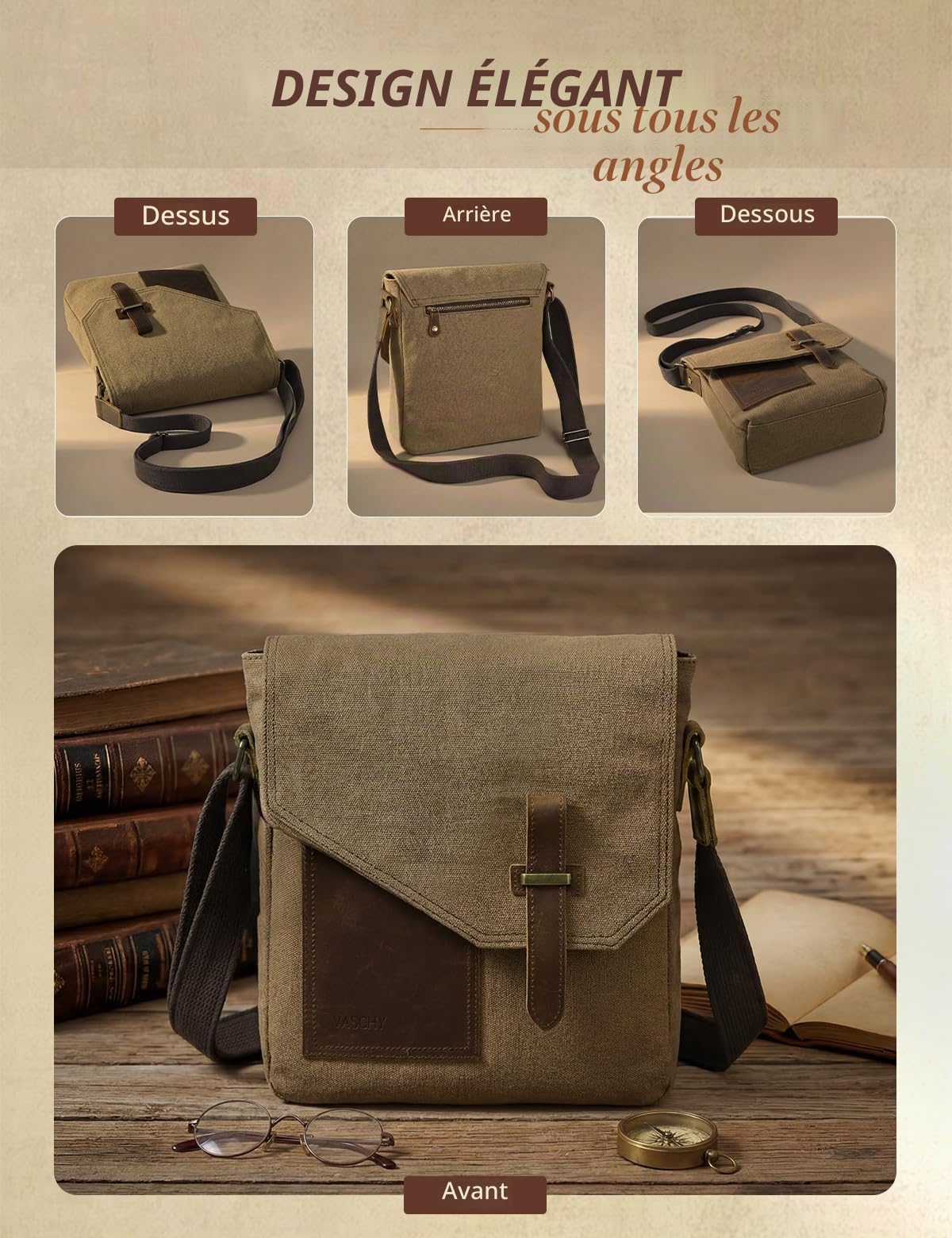 VASCHY Petit sac à bandoulière pour homme en toile vintage en cuir véritable - Sac à bandoulière classique pour le travail, l'école, la vie quotidienne