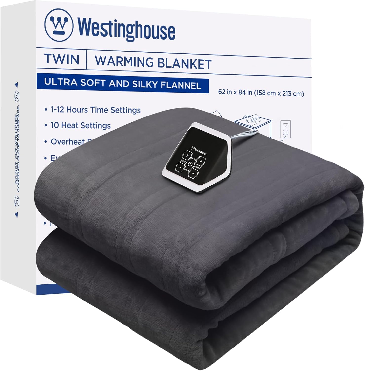 Westinghouse Heated Blanket, Electric Throw Blanket with 10 Heating Levels, 12 Hours Auto Off, Overheat Protection, Machine Washable, Flannel (Twin, 62x84 Inches, Charcoal)