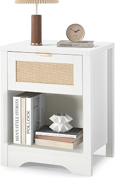HOMREST Rattan Nightstand, Farmhouse Bedside Table with Drawer & Open Storage Shelf, Boho Night Stand with Metal Handle & Sturdy Frame for Bedroom, Living Room  White