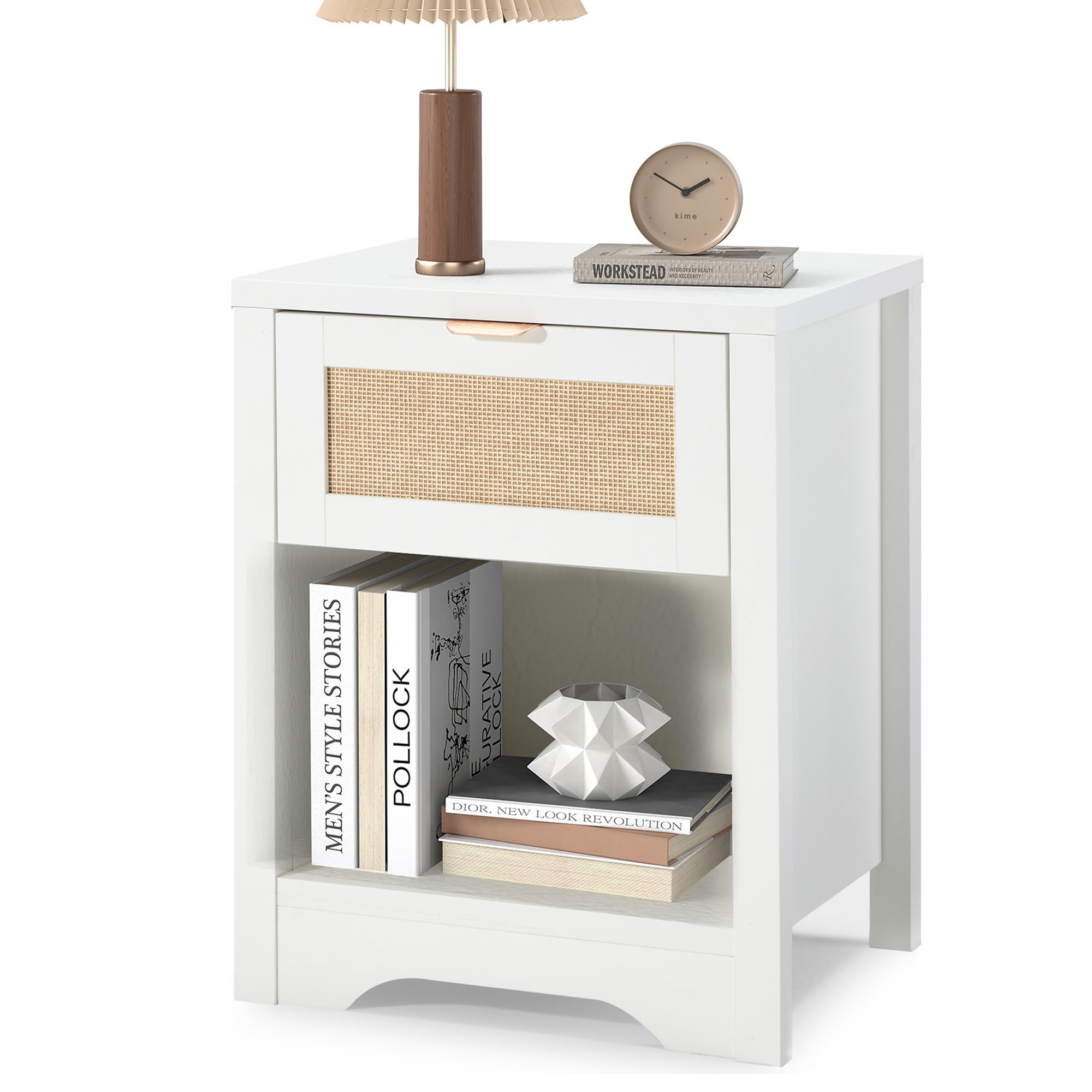 HOMREST Rattan Nightstand, Farmhouse Bedside Table with Drawer & Open Storage Shelf, Boho Night Stand with Metal Handle & Sturdy Frame for Bedroom,