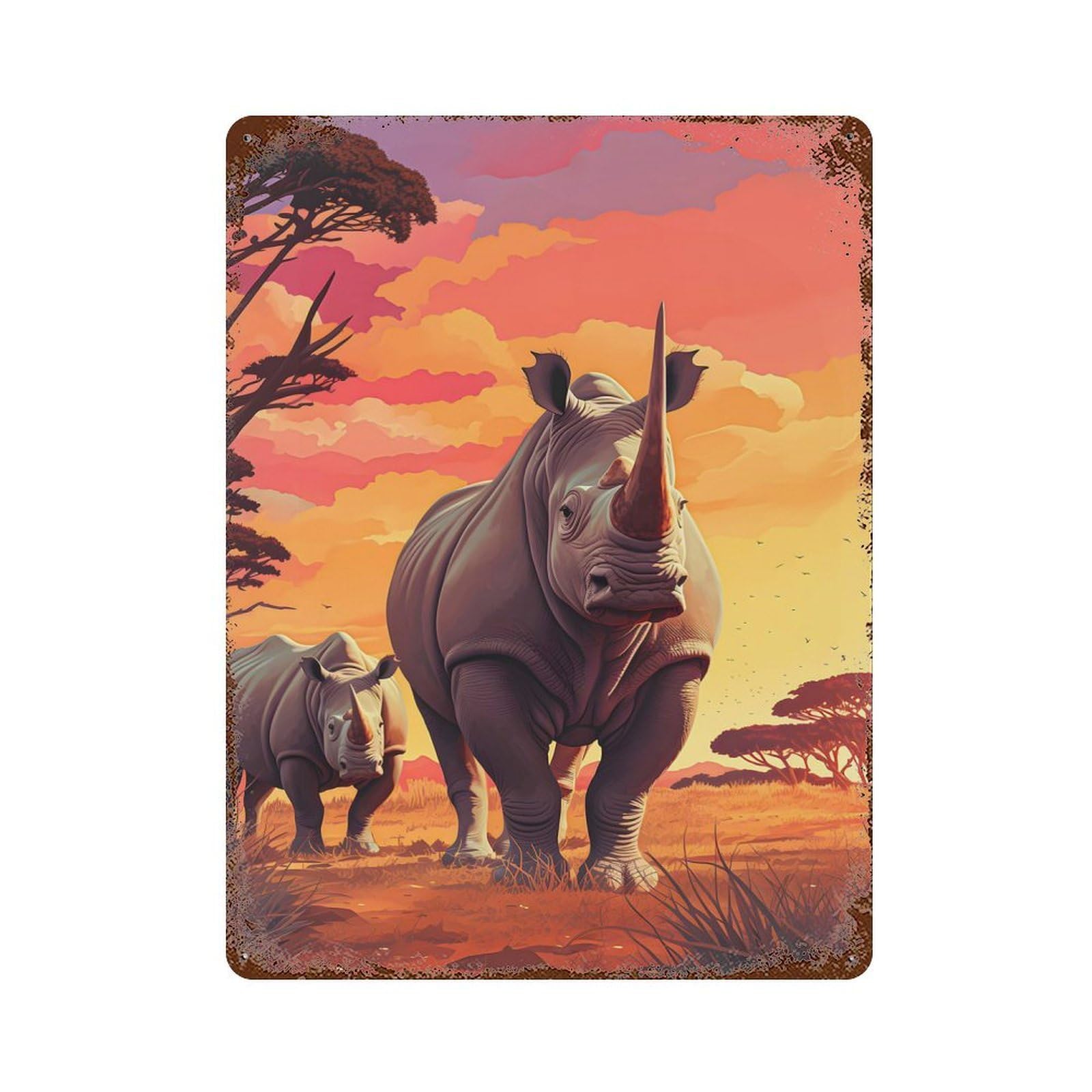 Distressed Metal Wall Sign Rhinoceros Rinho 15.7"x11.8", Decorative Metal Wall Art for Farmhouse, Kitchen And Entryway Decor