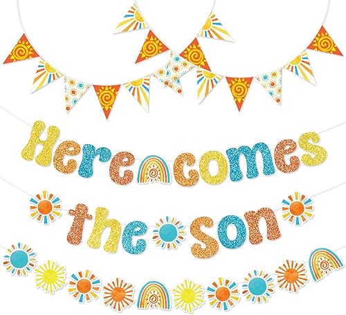 Pasimy Decoraciones de baby shower de hijo, pancarta con recortes de sol, pancarta bohemia retro Groovy para niño, primer viaje alrededor del sol,