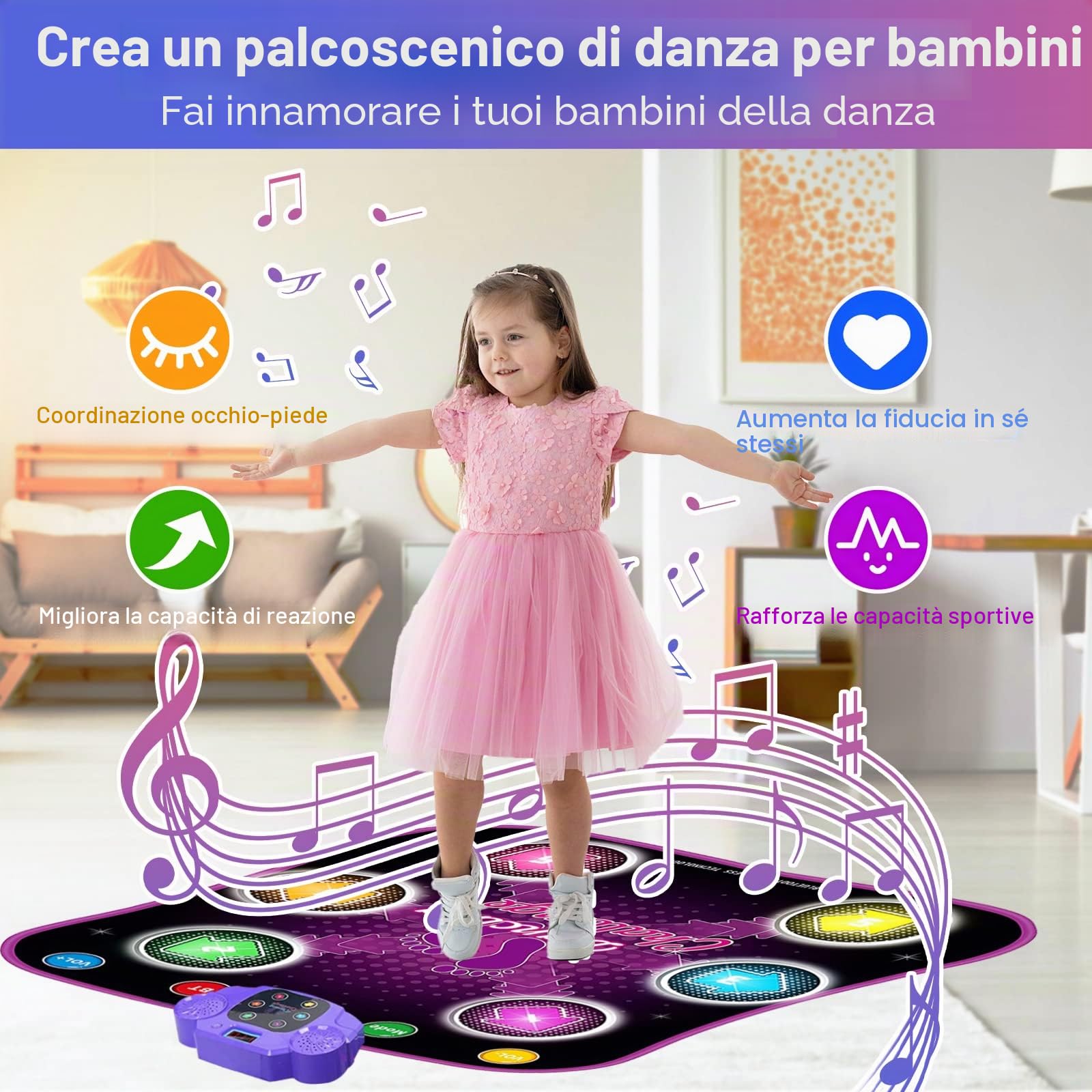 Bambini Tappetino da Ballo per 3 4 5 6 7 8+ Anni con Bluetooth, Bambina Tappeto da Ballo con 6 Luz Frecce, Elettronico Musica Dance Mat con Volume Regolabile per Regali di Natale